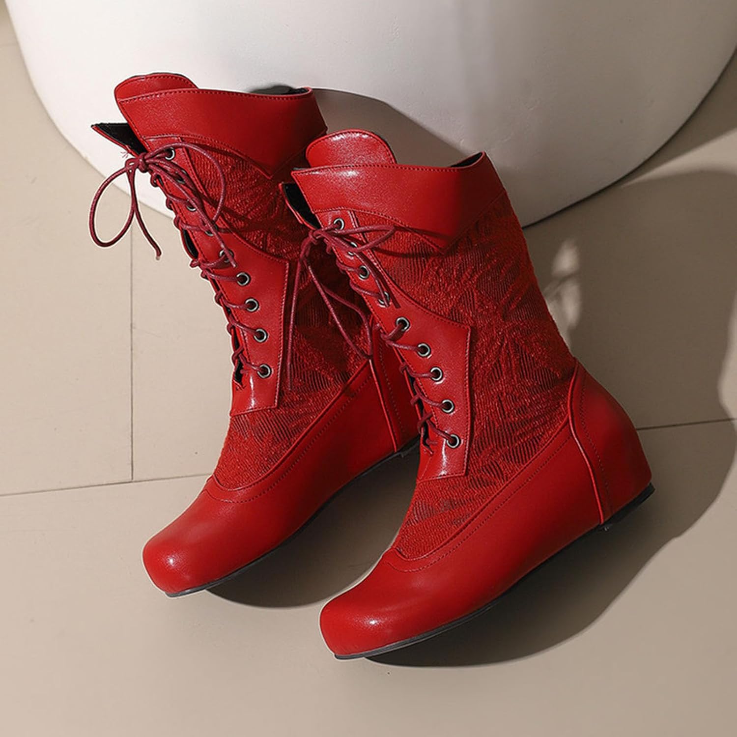 Women's Lace Up Cowboy Boots Mid Calf Riding Combat Boots PU Leather Flat Heel Cowgirl Boot for Ladies