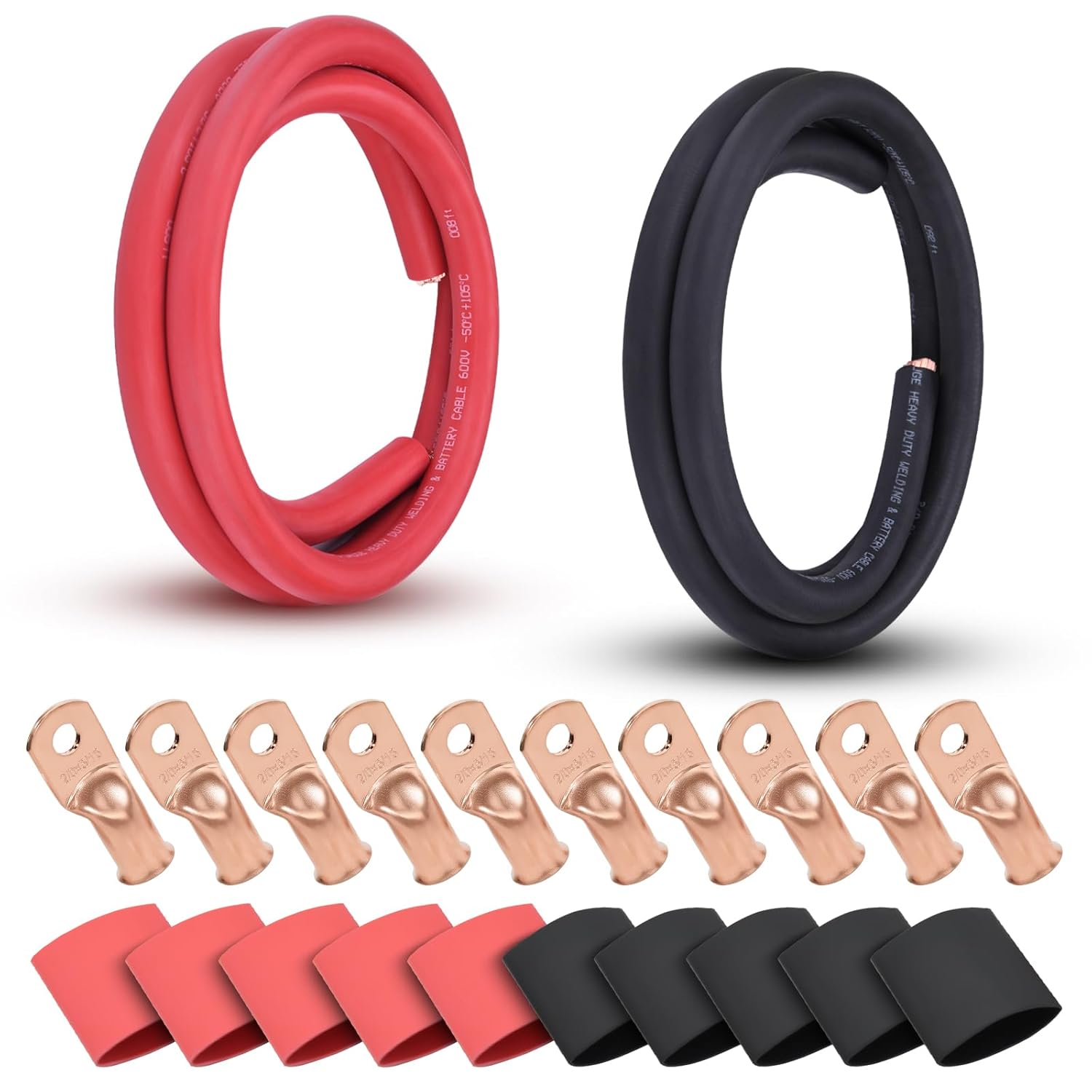 2/0 AWG Welding Cable Kit with Ring Terminals & Heat Shrink Tubing - 10ft Total (5ft Red +5ft Black) OFC Copper +10x 5/16" Terminals +5 Red/5 Black Tubing - American Standard