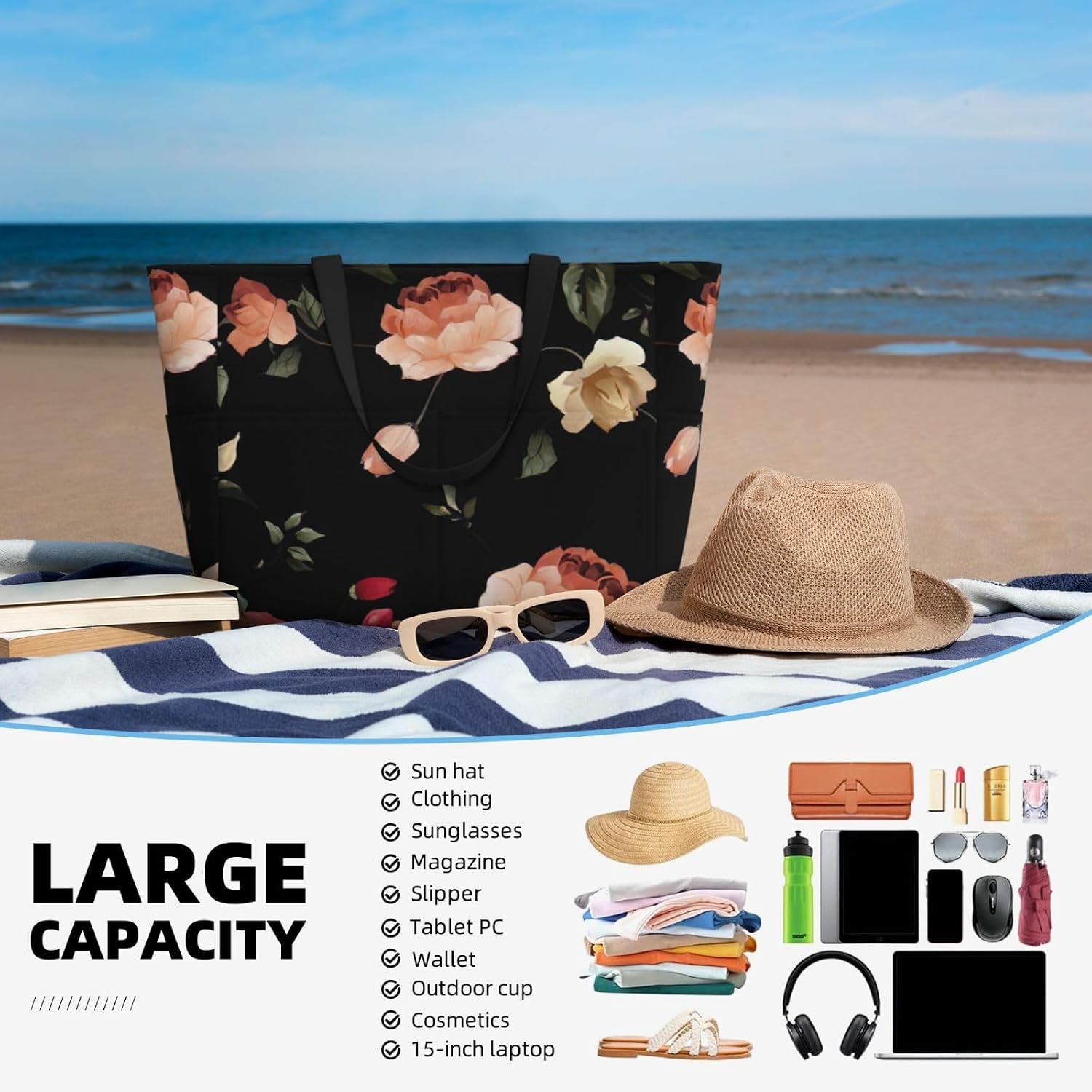 Autumn Beautiful Floral Print Large Capacity Beach Travel Bags with Zipper and Pockets for Travel Vacation Fitness
