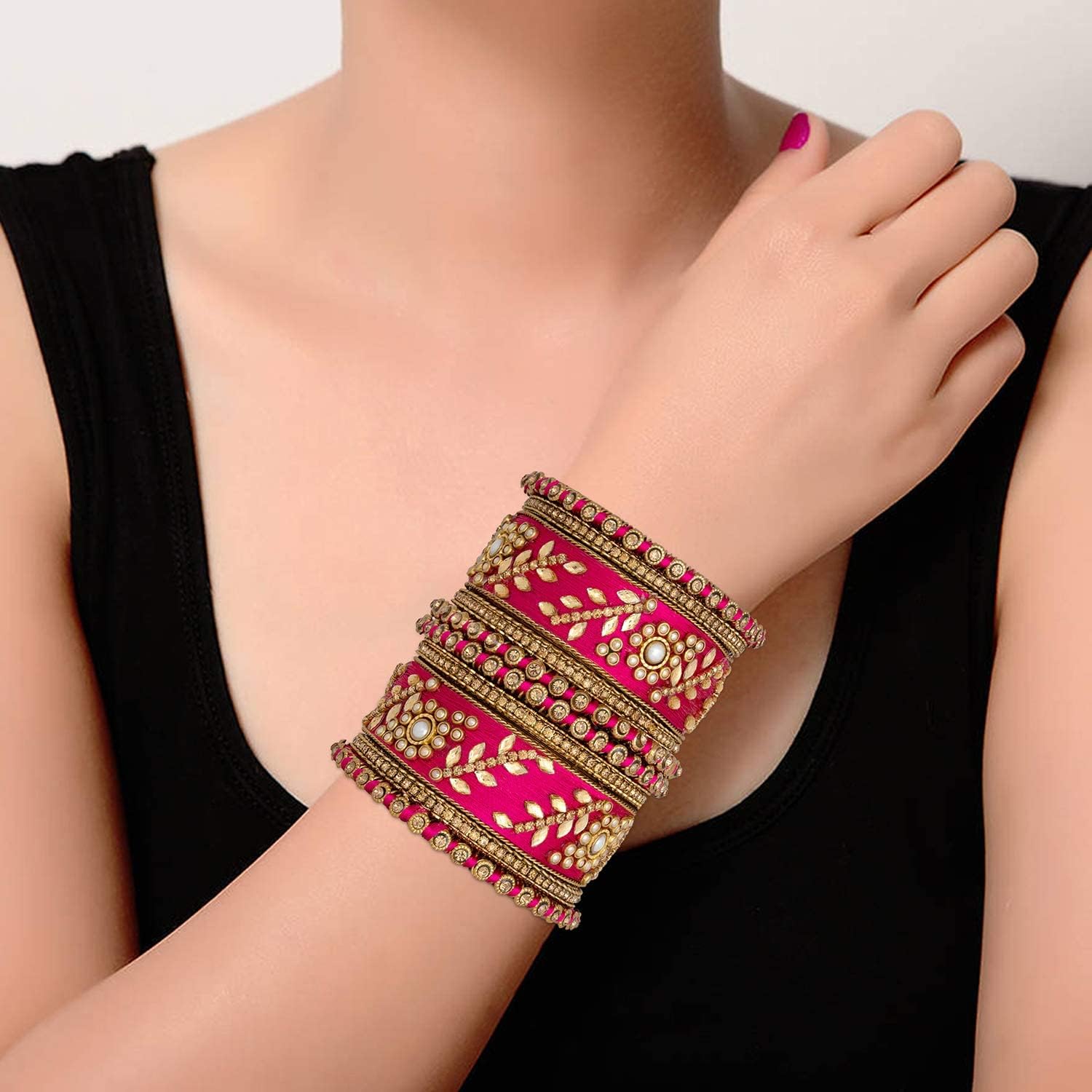 Aheli Traditional Wedding Designer Silk Thread Faux Stone Studded Bridal Bangle Set Chuda Indian Ethnic Bollywood Fashion Jewelry Gift for Women Blue - Image 7