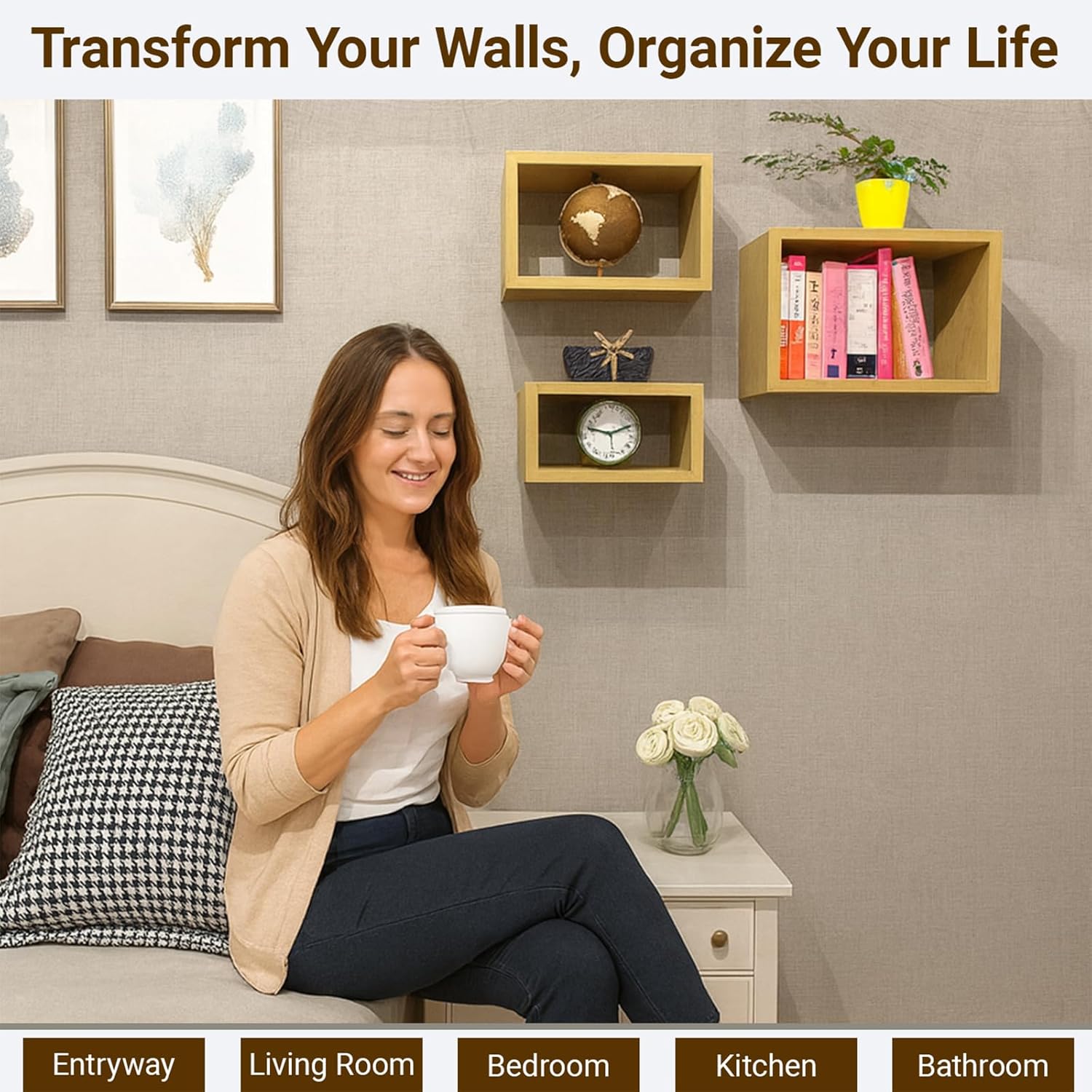 Premium Light Oak Floating Cube Shelves, Eco-Friendly Wood Box-Style Wall Storage Display Set of 3 — Pre-Assembled, Ready to Use, Modern Decorative Wall Shelf Units for Living Room, Bedroom & Office