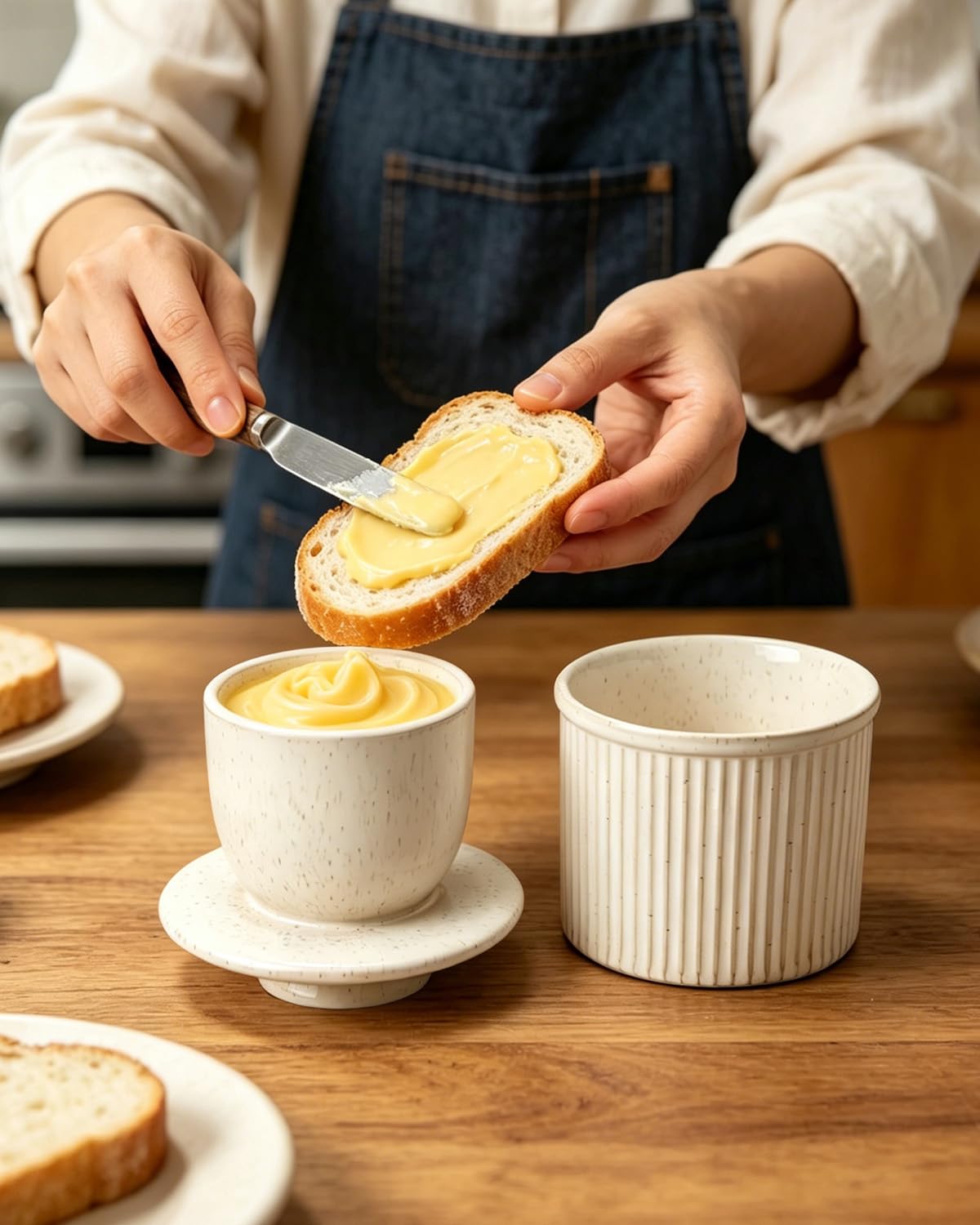 HOME DECOR Beurrier à eau céramique,grande capacité 250 g- Crème mouchetée | joint d'eau, capacité de 250 g / 260 ml, céramique à émail réactif, motif rayé, idéal pour les familles nombreuses.