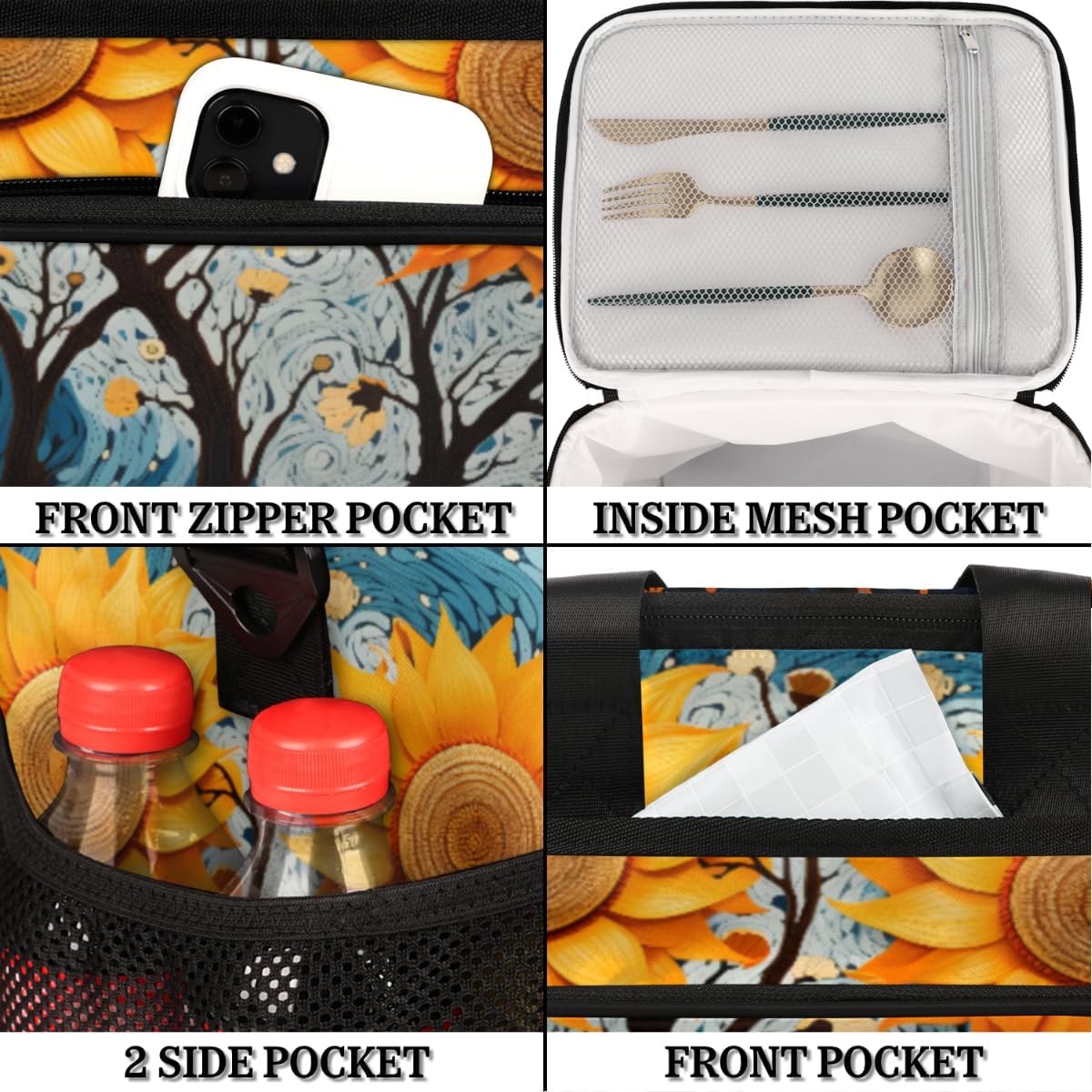 Floral Insulated Picnic Backpack Lunch Box for Women Men Picnic Basket Tote Lunch Bag Picnic Bag Portable Lunch Bags for Picnic, Beach, Work, Trip,Office, Camp Sun Flowers