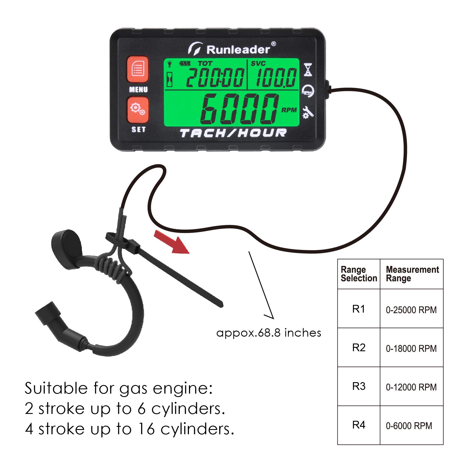 Runleader Horas de mantenimiento digital Tacómetro, reloj y pantalla de retroiluminación, batería reemplazable para tractor de jardín, compresor, soplador de hojas, jetski, ATV, motor(058B, RD)