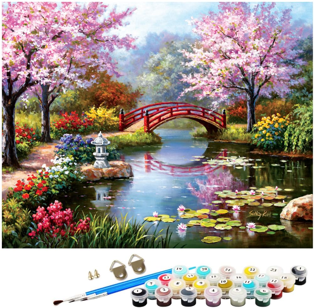 Kit De Pintura Por Números Para Adultos – Paisaje Japonés De Templo Y Flores De Cerezo, Lienzo 40x50 Cm Sin Marco, Manualidad DIY Decorativa