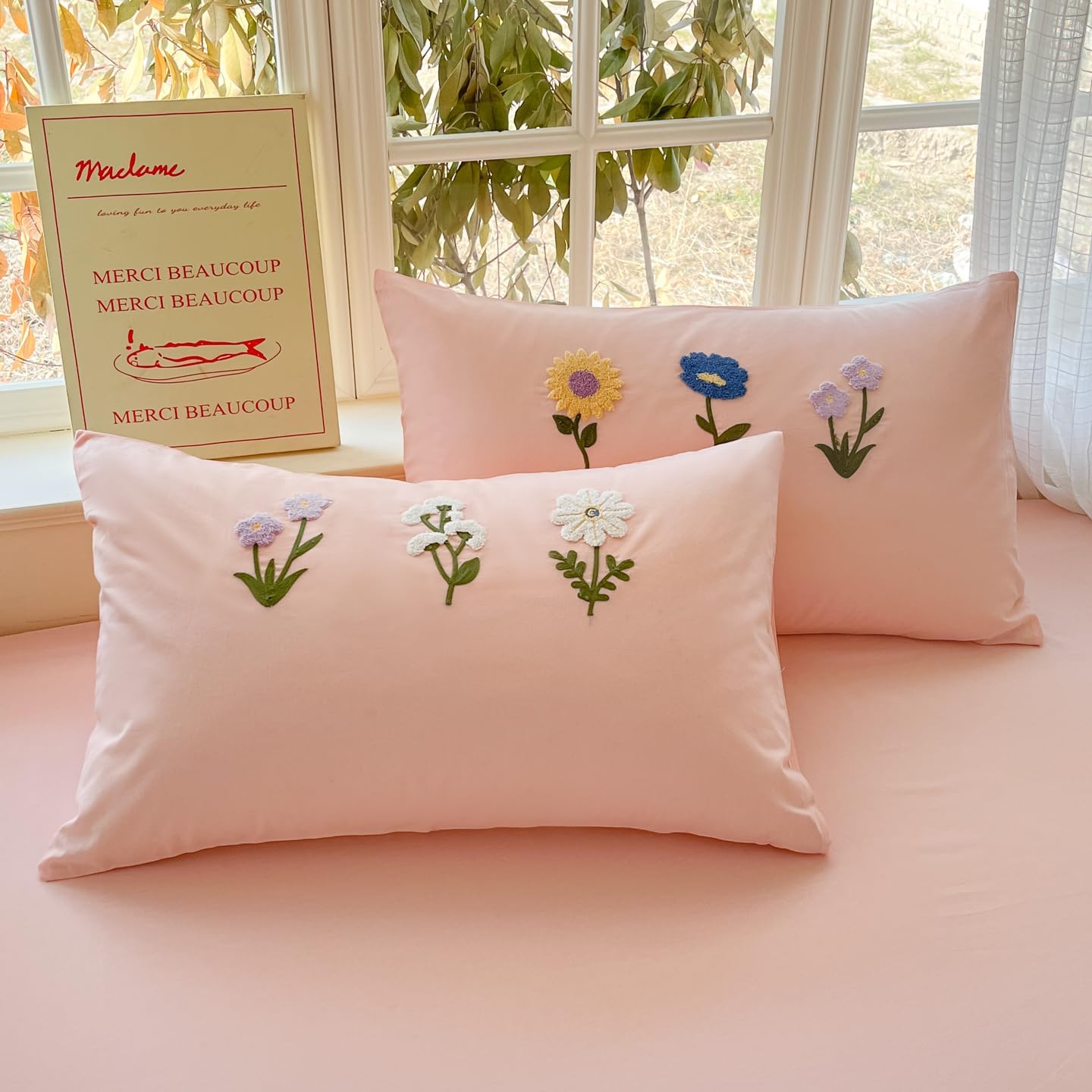 MorroMorn Cotton Duvet Cover Queen Size, 3D Embroidery Queen Bedding Sets, Cute Chenille Embroidered Comforter Covers Soft Breathable for Girls Kids (Sunflowers, Full/Queen, Comforter Not Included)
