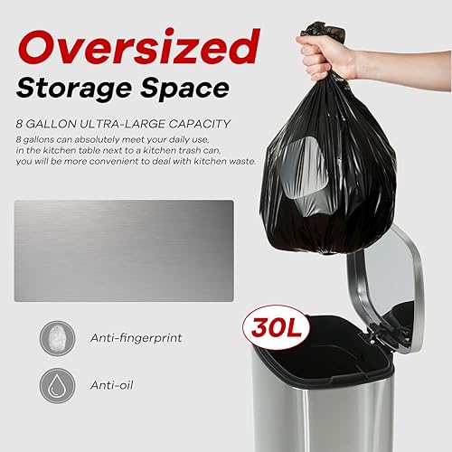 Miniatura 3 de Bote de basura, cubo de basura de 8 galones/30L de acero inoxidable de metal para el hogar y la cocina y reciclaje con tapa, cubo interior