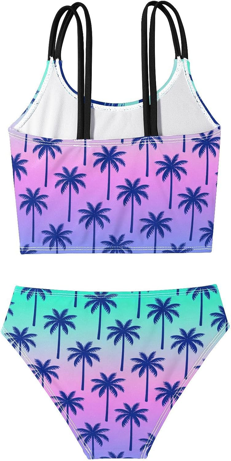 Girls Two Piece Swimsuits Purple Palm Tree Bikini Set Swimwear Kids Bathing Suit for Girls 5-12 Years