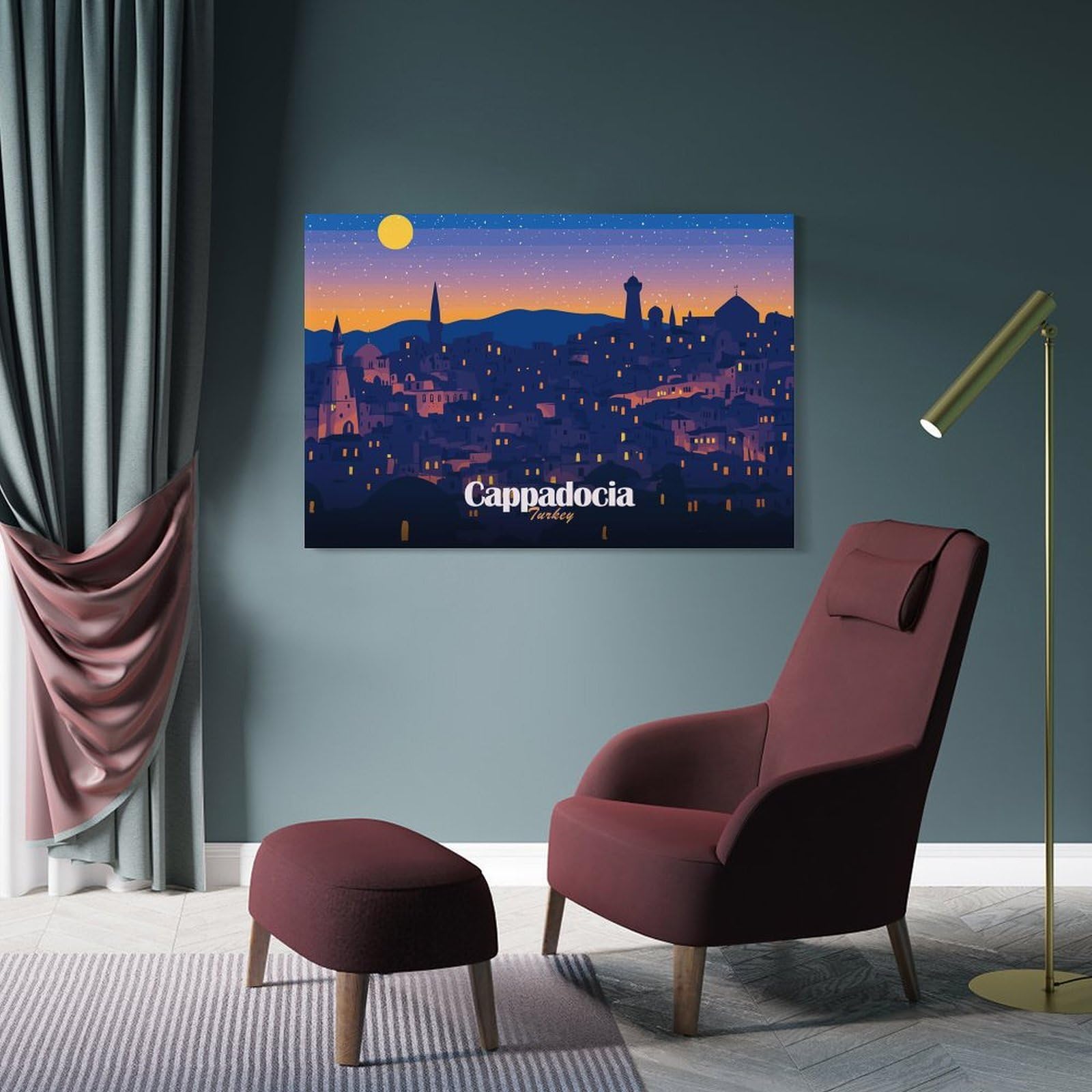 Junmoney Frame-Style-4 Cappadocia Turkey Nightscape Illustration Canvas Wall Picture, 20X30inch(50X75cm), For Study, Office Or Focused Interiors, Home Office Artwork With Decorative Appeal