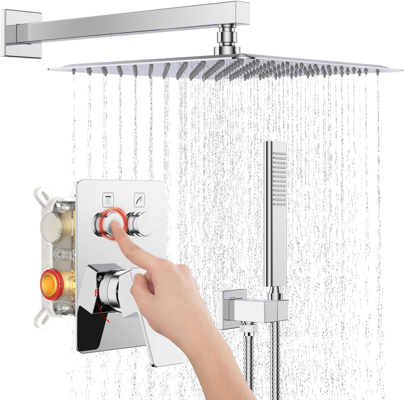 Iriber Chrome Shower System Wall Mount with 12 Inch Rain Shower Head and Handheld Bathroom Shower Set Contain Shower Faucet Mixer Valve Trim Kit (Valve Included)