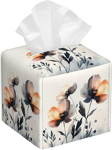 Caja de pañuelos con diseño floral de amapola marrón con acuarela, diseño de flores abstractas de cuero, soporte decorativo para caja de papel de
