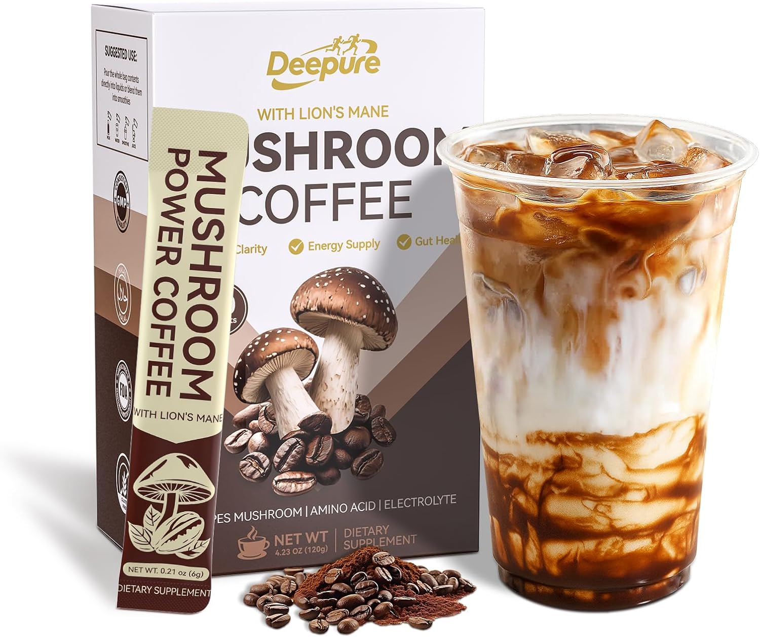 Organic Instant Mushroom Coffee Powder – Lion’s Mane Cordyceps Blend for Sustained Energy & Enhanced Focus with Reishi Extract Support Digestive Wellness and Smooth Non-Bitter Taste – 20 Sticks