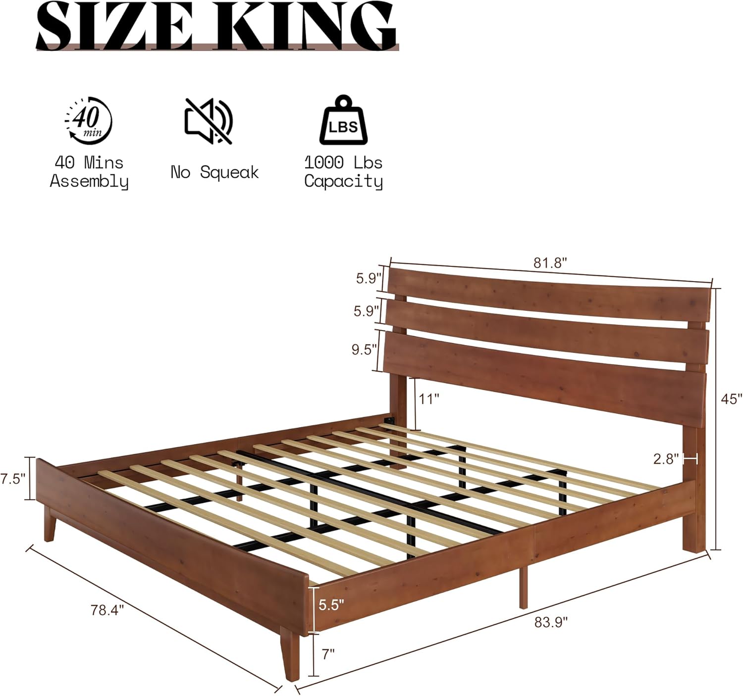 VanAcc King Size Solid Wood Platform Bed Frame, Walnut Mid-Century Style with Slatted Headboard & Wood Slat Support, No Box Spring Needed