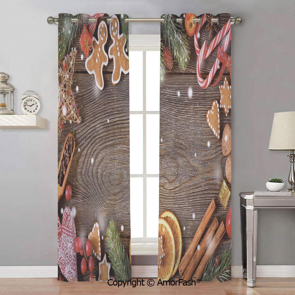 Gingerbread Man Semi Sheer Curtains Room Thermal Insulated Curtain Panels Grommet for Living Room,42x108 Inch Festive Christmas Frame with Spices Biscuits Decorative Elements on Table Decorative