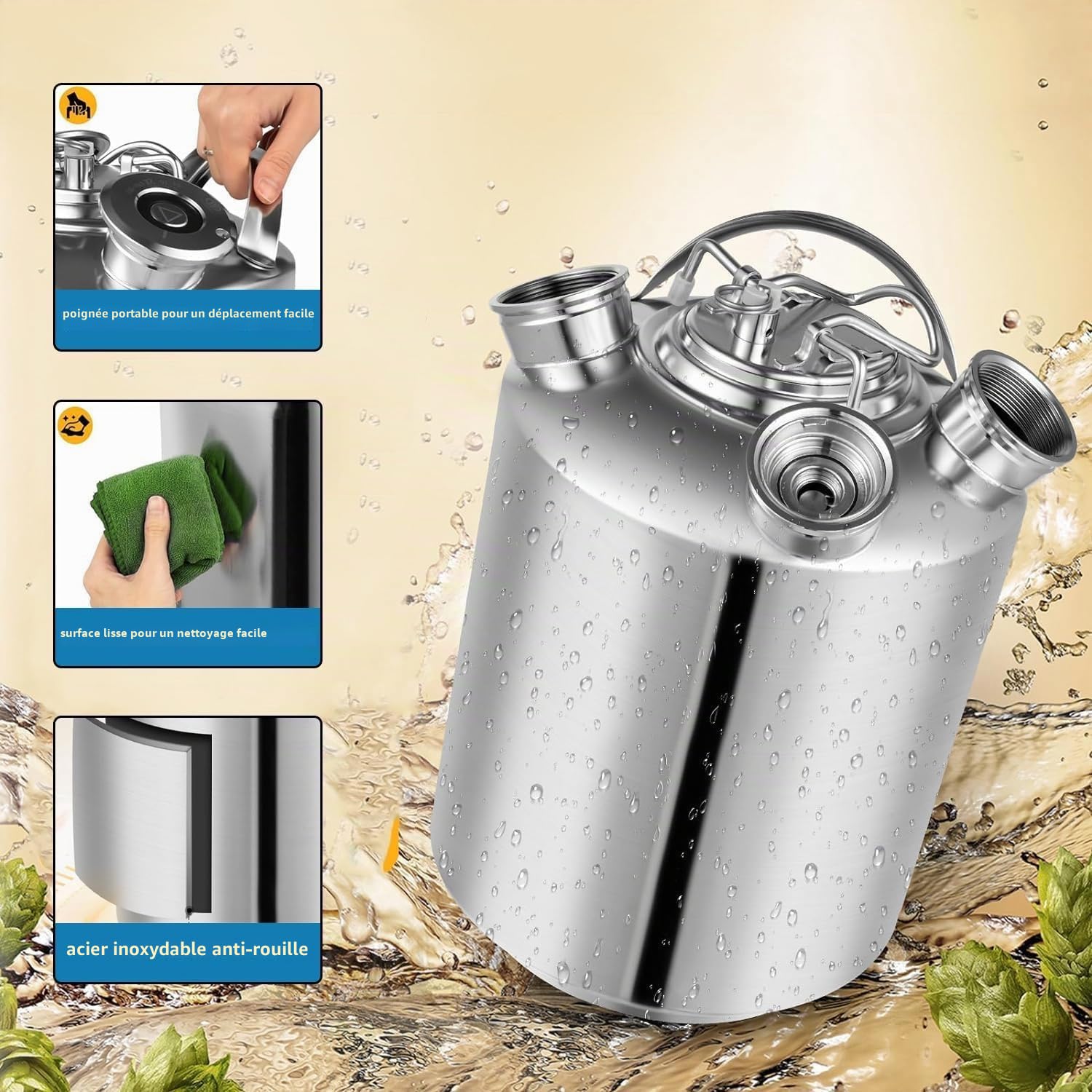 Fût de Nettoyage de Bière, 10L Acier Inoxydable Tonneau de Nettoyage Dde Bière à 3 Têtes avec Couvercle, Adapté aux Lances de fût de Type A, G, S, pour Bar d'hôtel, Brassage à Domicile