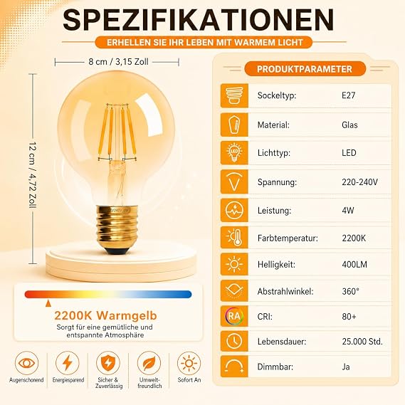Terafeels Pack of 2 Edison Vintage LED Light Bulbs E27 G80 4W Straight Filament 2200K Warm Yellow Light Amber Glass Dimmable LED Lamp E27 Light Bulbs