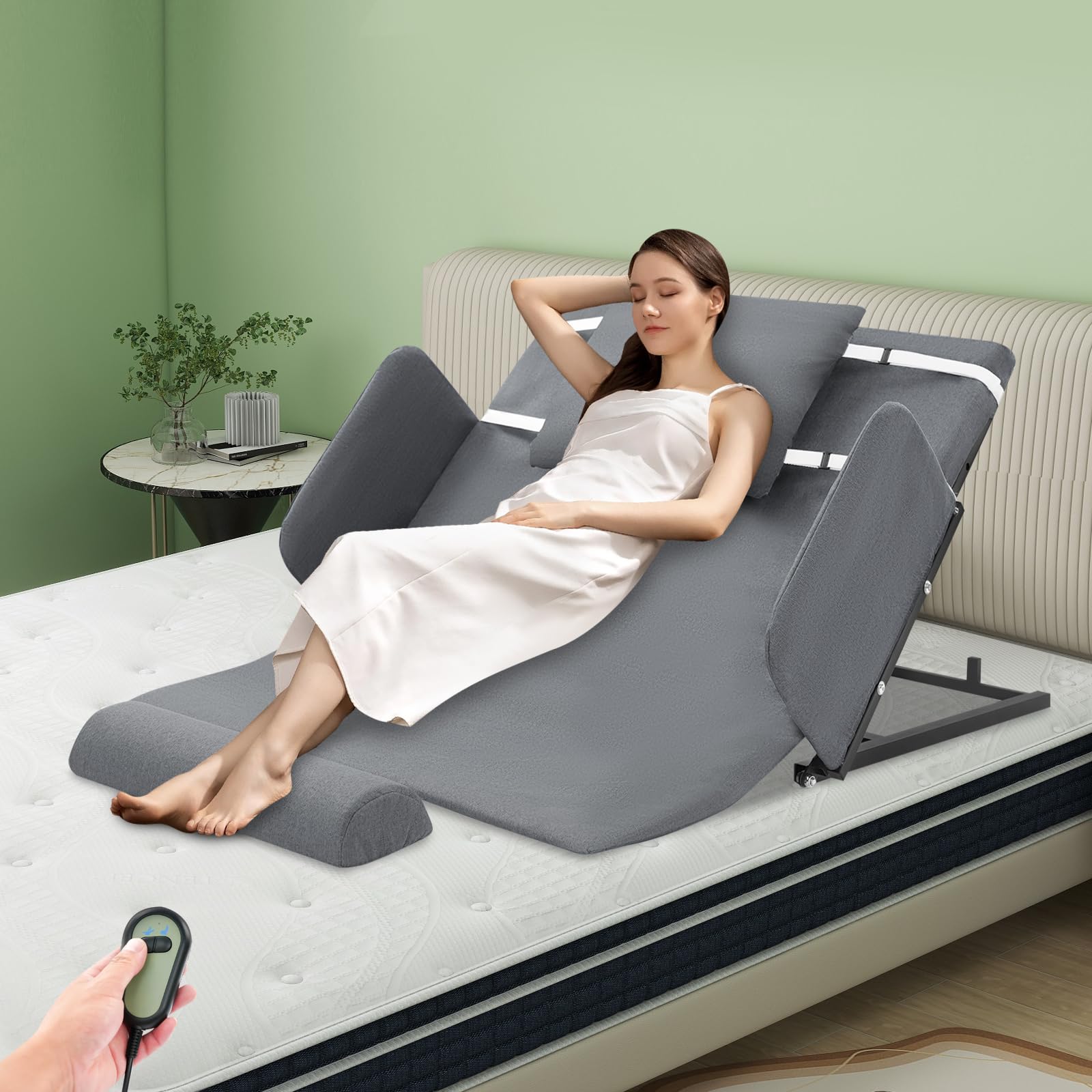 Respaldo eléctrico ajustable para camas de hasta 100 kg, inclinación de 10 – 80° con mando a distancia, barandillas laterales, incluye reposapiernas, cojín para personas mayores/cuidados, universal