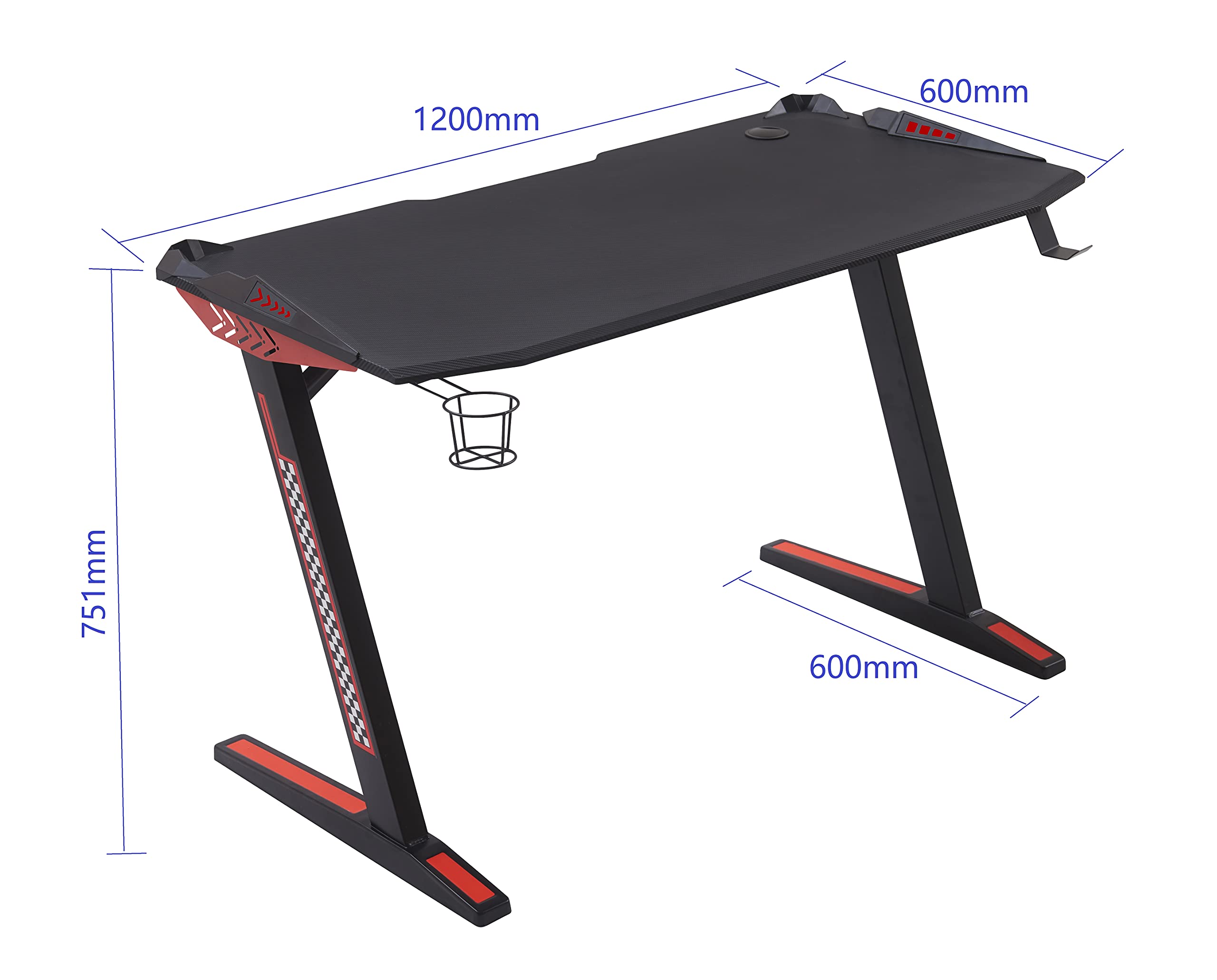YULUKIA100020 PC-Computer-Gaming-Schreibtisch, mit Getränkehalter, Kopfhörerhaken und RGB LED, 120*60*75cm