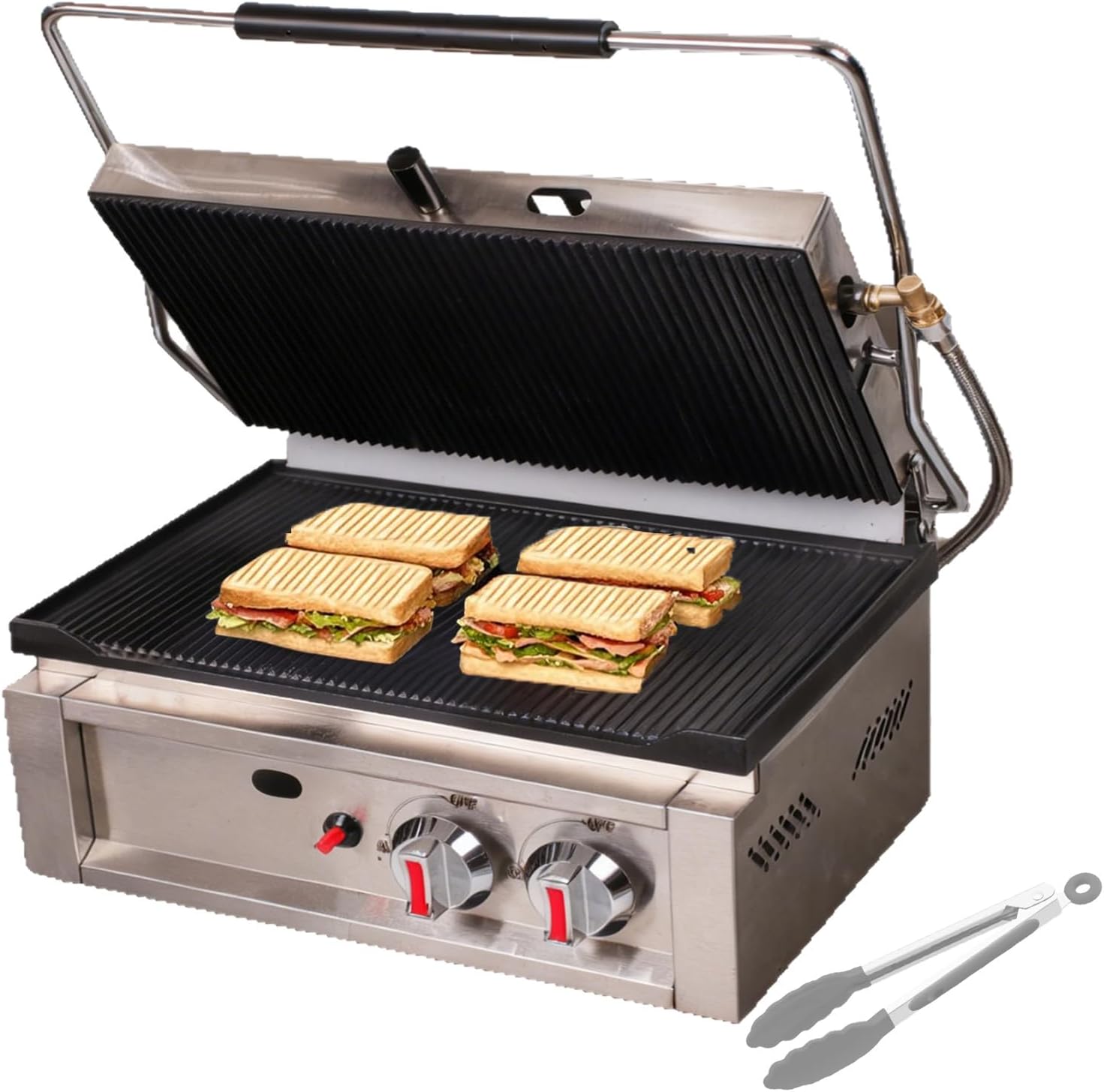 Commercial Dual Head Panini Grill, 3000W Electric Sandwich Panini Maker,50-300℃,Stainless Steel Sandwich Press Grill,for Catering, Restaurant GasHeating