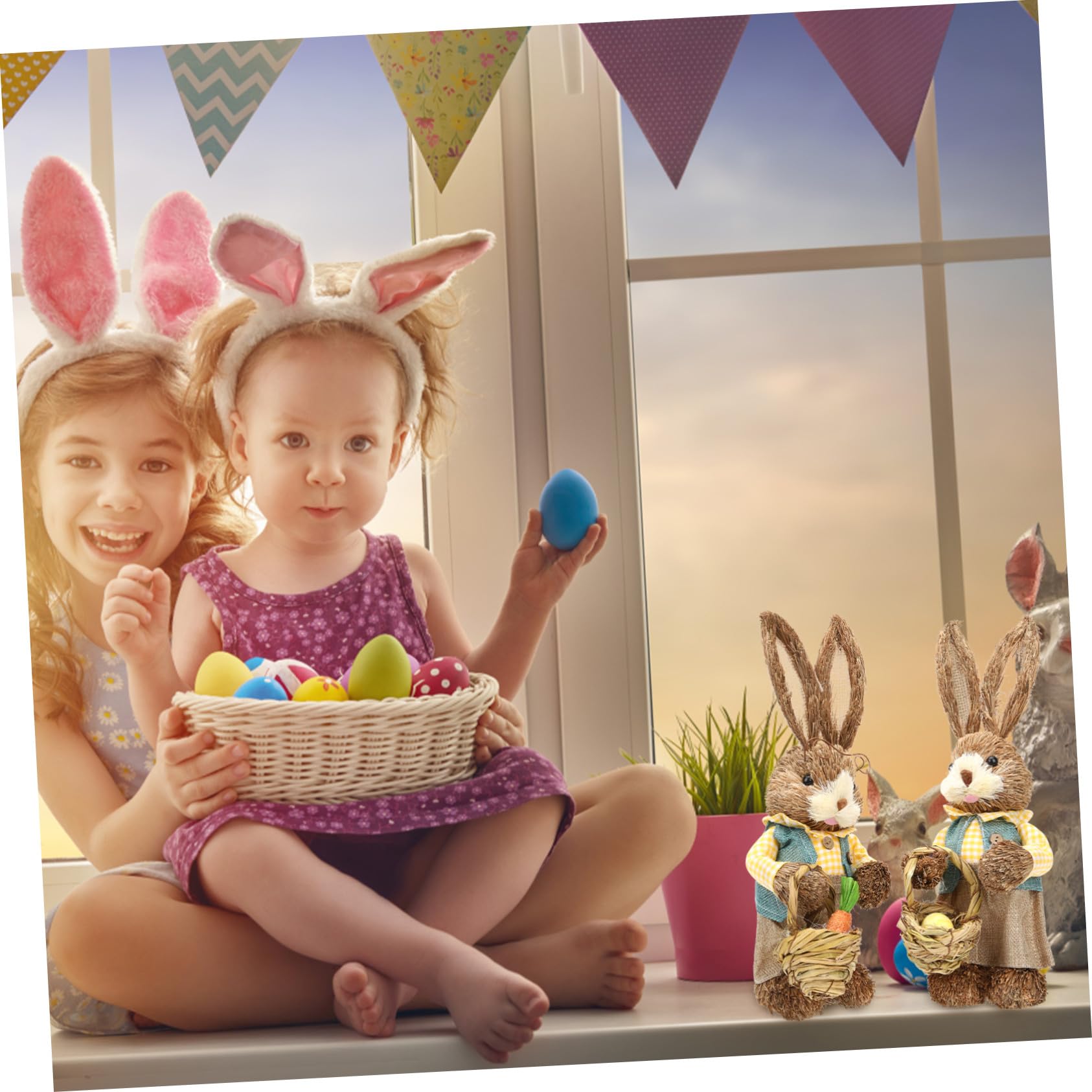Lot de 2 figurines de lapin en paille tissées à la main pour décoration de Pâques, décoration de fête de jardin, décoration de fête et