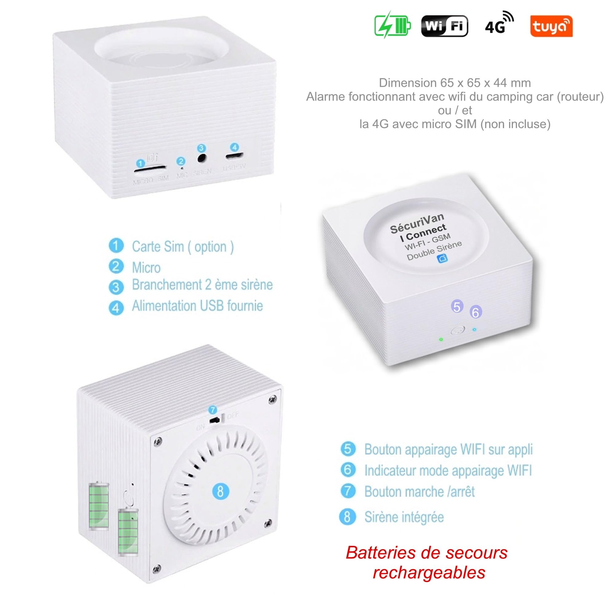Nouveau - Alarme de Camping Car - WiFi - avec Télé Surveillance 24h/24h – sans abonnement - 1 Camèra de Surveillance - 2 Sirènes 125 DB - 5 Détecteurs d'ouvertures - 1 détecteur de Mouvement - 2 Tél