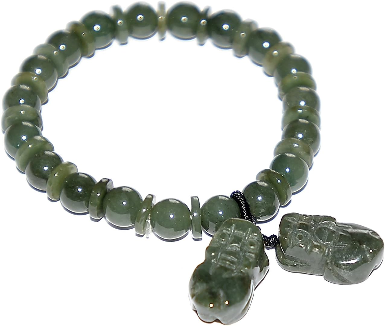 Chinese Feng Shui Spiritual Dark Green Jade Bead And Pi Disc Bracelet For Fertility,Life And Good Health With Two Pi Yao Feng Shui Mythical Creature Charms