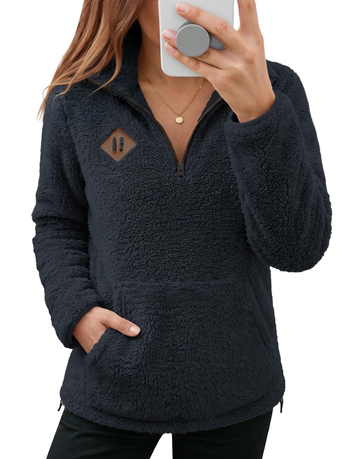 Tuopuda Pullover Damen Wärmender Flauschiger Baumwollfleece Pullover Halbreißverschluss Stehkragen Sweatshirt für Herbst Winter, Lockeres Weiches Oberteil für Alltag Freizeit Outdoor