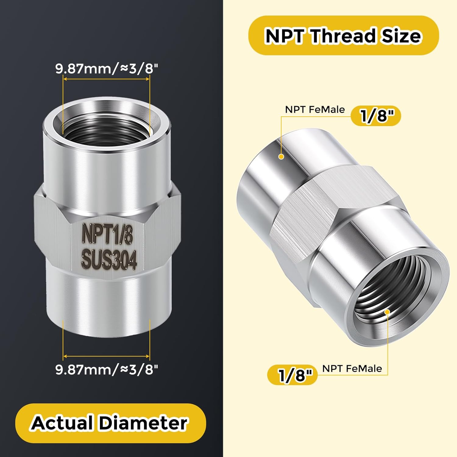 METALLIXITY 2PCS 1/8" FeMale NPT x 1/8" FeMale NPT Thread 304 Stainless Steel Coupling, Coupler Hex Head Adapter for Tub Spout/Shower