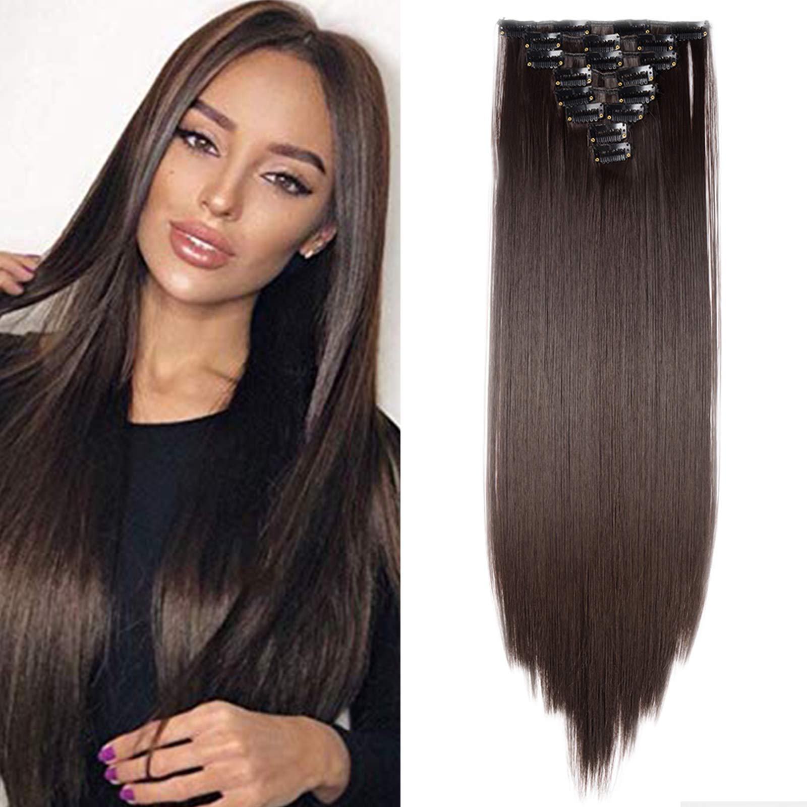 23"(58cm) SEGO Extensiones de Clip Pelo Sintético Se Ve Natural 8PCS [Arena Oscura mezcla Rubio Claro] Cabello Liso Largo Postizos Pelucas para Mujer (140g) — view 35