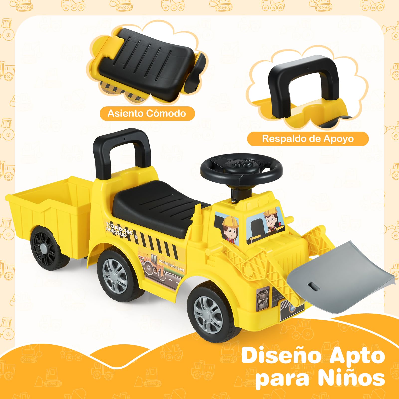 COSTWAY Coche Correpasillos para Niños, Excavadora de Nieve de Paseo Infantil con Remolque y Pala, Almacenamiento Oculto, Música, Bocina, Excavadora Correpasillos para Niños de 19-36 Meses(Estilo 2)