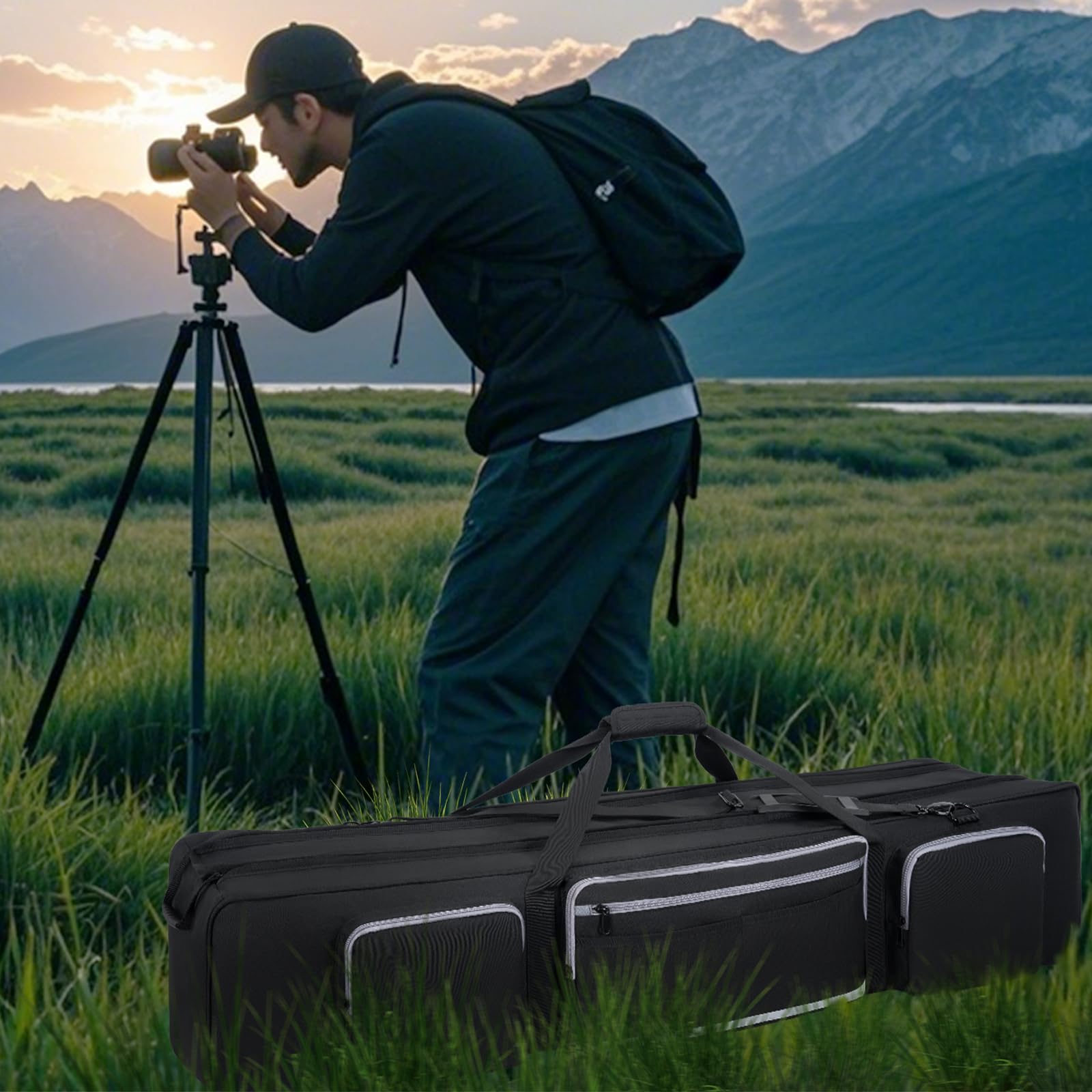 OUUTMEE Bolsa de transporte para trípode, bolsa grande para trípode fotográfico con separadores acolchados extraíbles, bolsa de soporte de luz con base acolchada a prueba de golpes para trípodes de