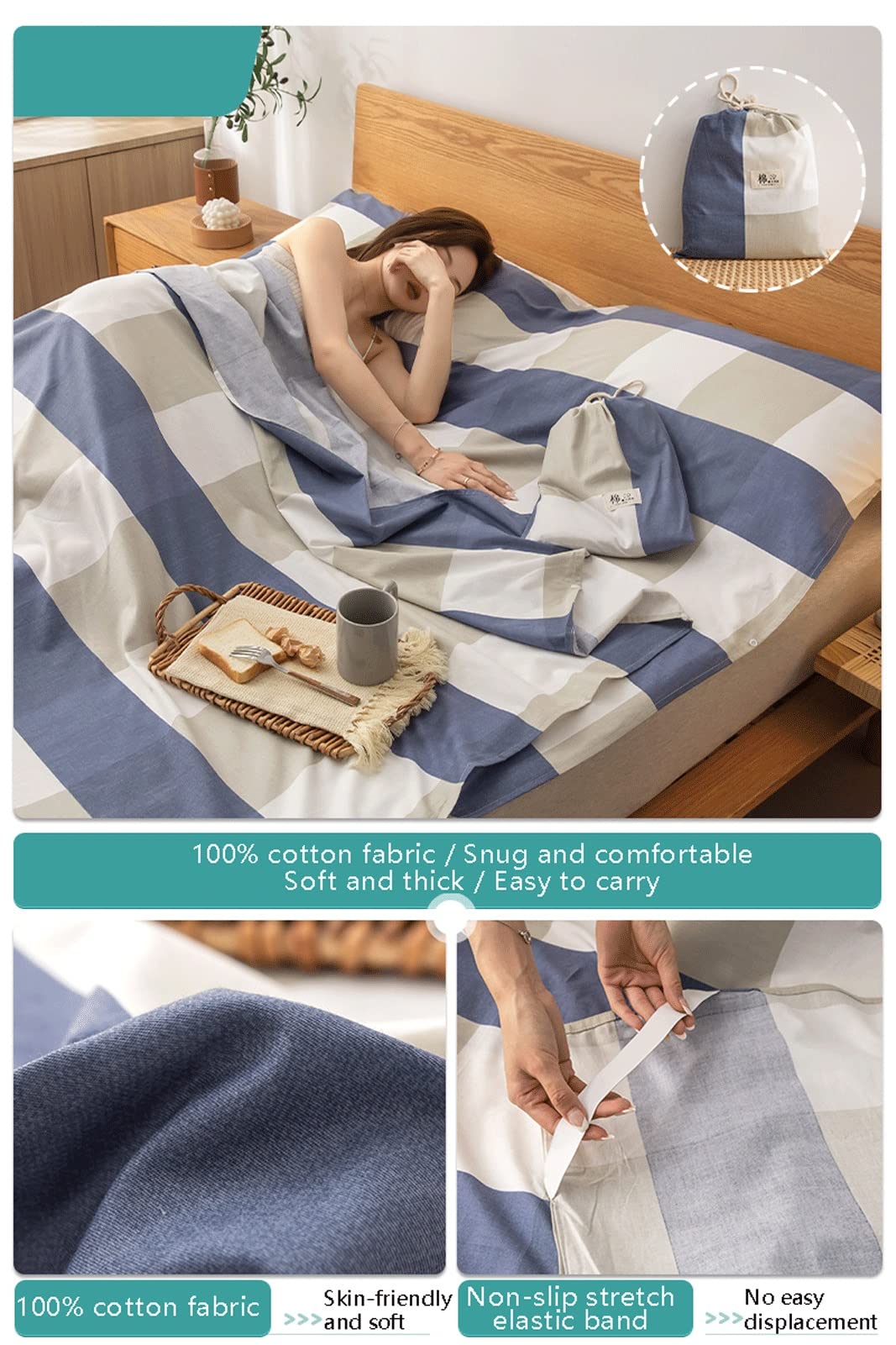 RUZGAR Drap de Sac de Couchage 100% Coton Plaid Rayé Sac de Couchage Adultes for Auberges Voyage Hôtel Camping Ultra-léger
