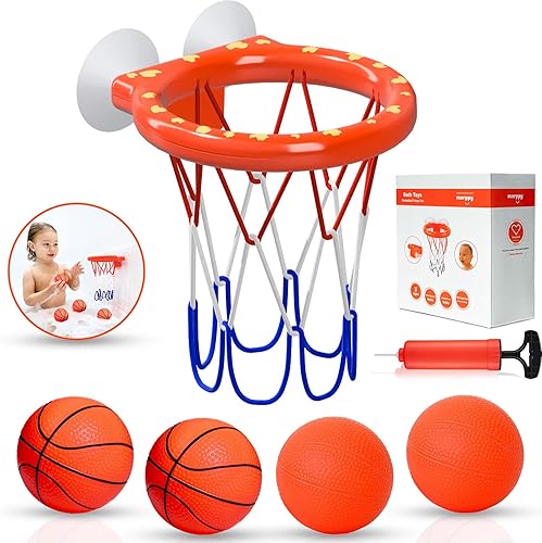 MARPPY Juguetes de baño aro de baloncesto para bañera para niños pequeños y niños, juguete de ducha sin moho con 4 bolas sin agujeros, divertidos