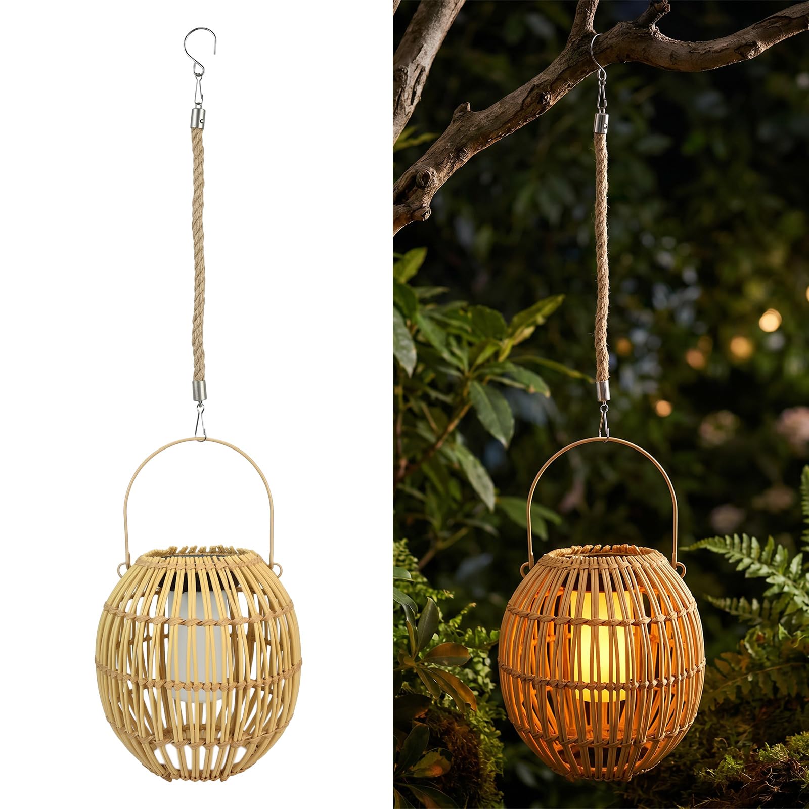 Lampes solaires d'extérieur en bambou tissé à suspendre pour l'extérieur, lanterne solaire à suspendre avec poignée en fer et chaîne en corde de chanvre, lampes solaires de jardin pour cour, balcon