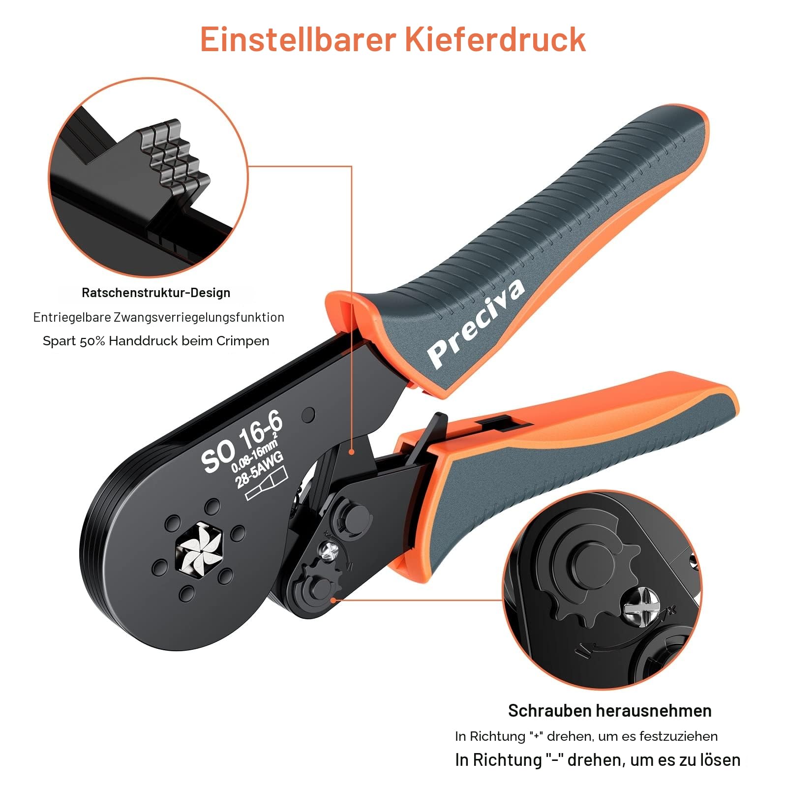 Crimpzangen 0.08-16mm², Preciva Aderendhülsenzange Crimpzange Sechskant Presszange für Isolierte Unisolierte Crimpverbinder