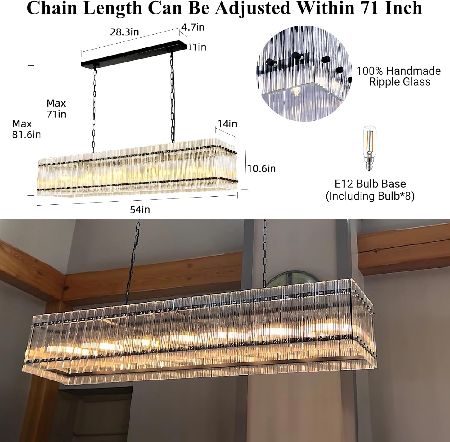 55 Inch Modern Rectangular Black Crystal Glass Chandeliers, Dining Room Chandeliers, for Living Room、Kitchen Island、Foyer, Water Ripple Chandelier, Adjustable Hanging Chandelier