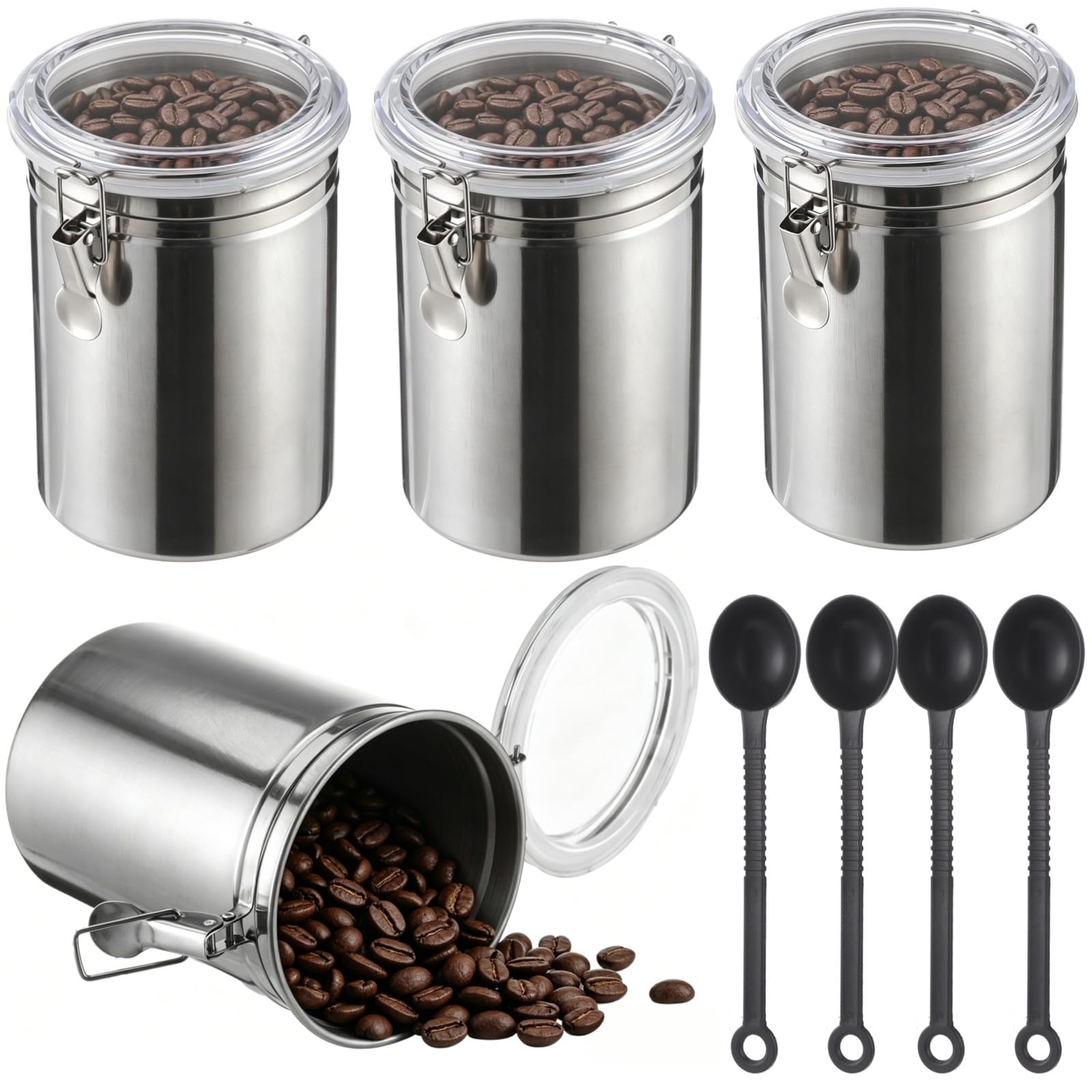 4 Stk. Edelstahl Vorratsdosen Set mit Löffeln, Kaffee Aufbewahrungsbehälter mit luftdichten Deckeln und Verschlussclips, 4,9 x 7,1 in für Bohnen, Zucker, Tee, Getreide, Mehl, Snacks