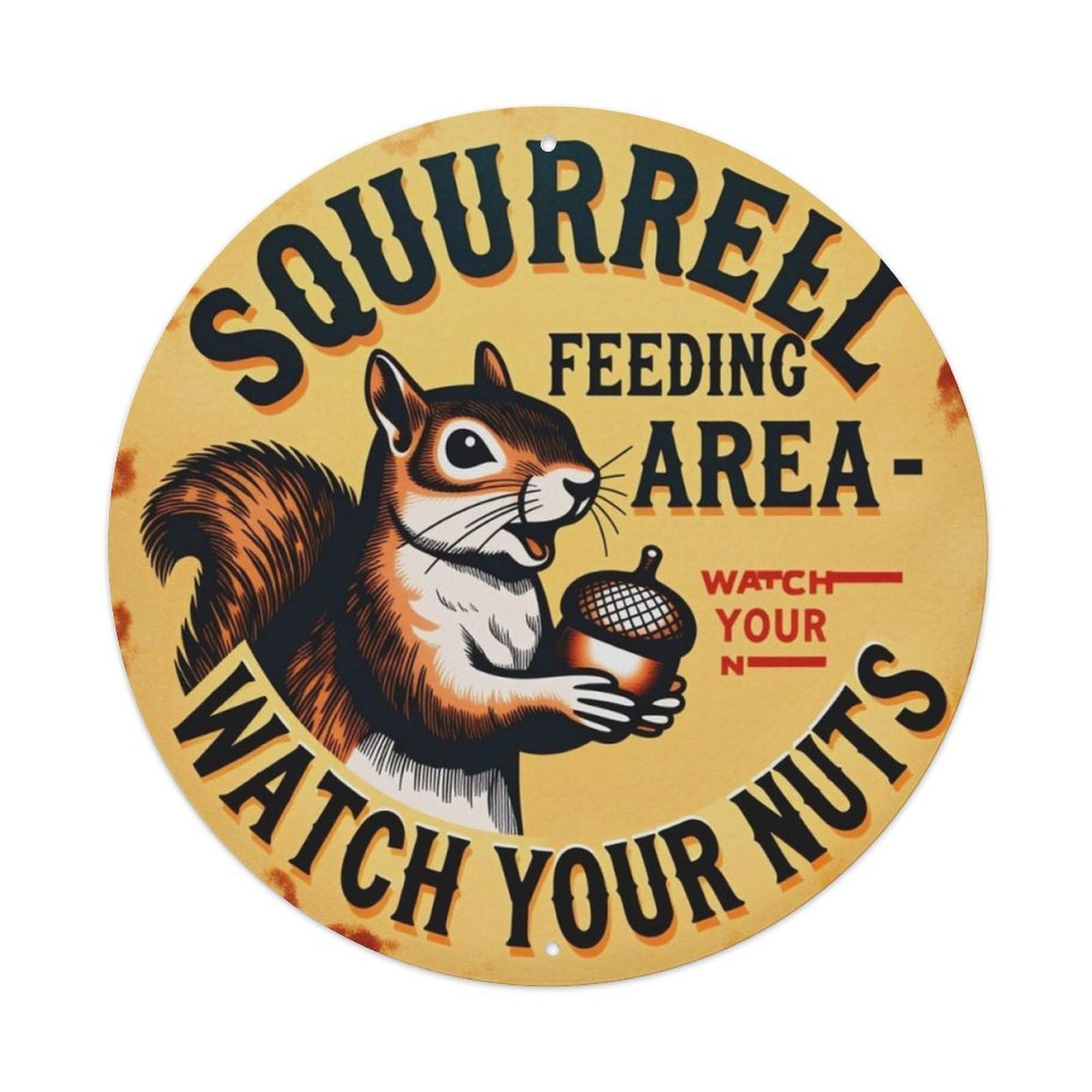 Vintage Squirrel Feeding Area Funny Round Decor Sign Vintage Aluminium Metal Sign, Retro Wall Decor for Home, Bar, Garage & Farmhouse 20x20cm