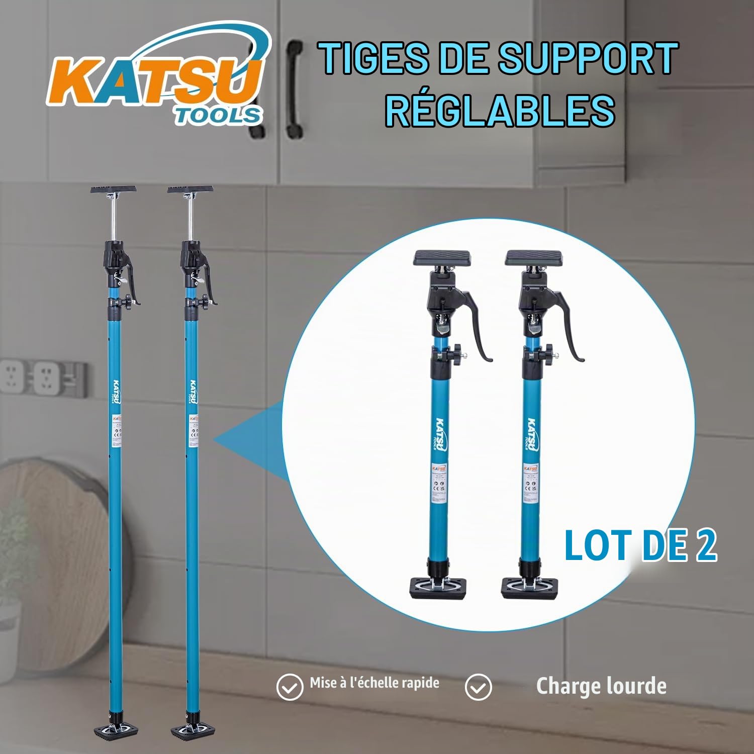 KATSU Tools Lot de 2 tiges de support télescopiques rapides, 40-60 cm, en acier, capacité de charge de 40 kg, pour cadre de porte d'armoire en placoplâtre