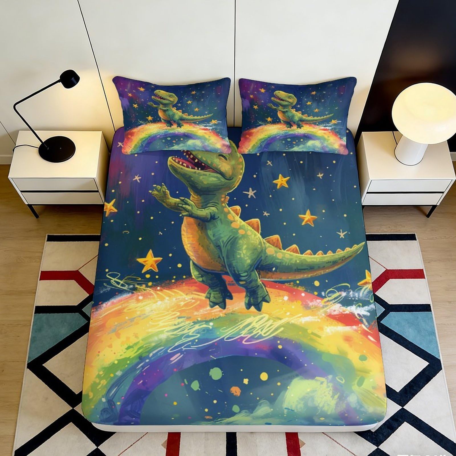 Jqzkxnhpbr Style-8 3D Printed Rainbow Dinosaur Fitted Sheet Microfiber Soft Starry Night Bed Cover For Bedroom Guest Room Decor 90X200x25cm