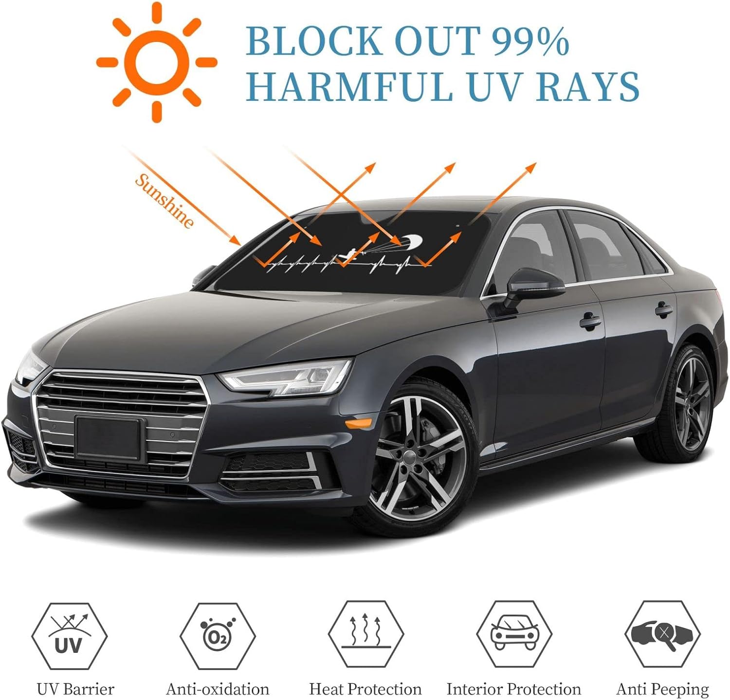 Kitesurfing Heartbeat Car Windshield Sun Shade Keep Your Vehicle Cool, for SUV Cars Trucks Universal Sun Shade