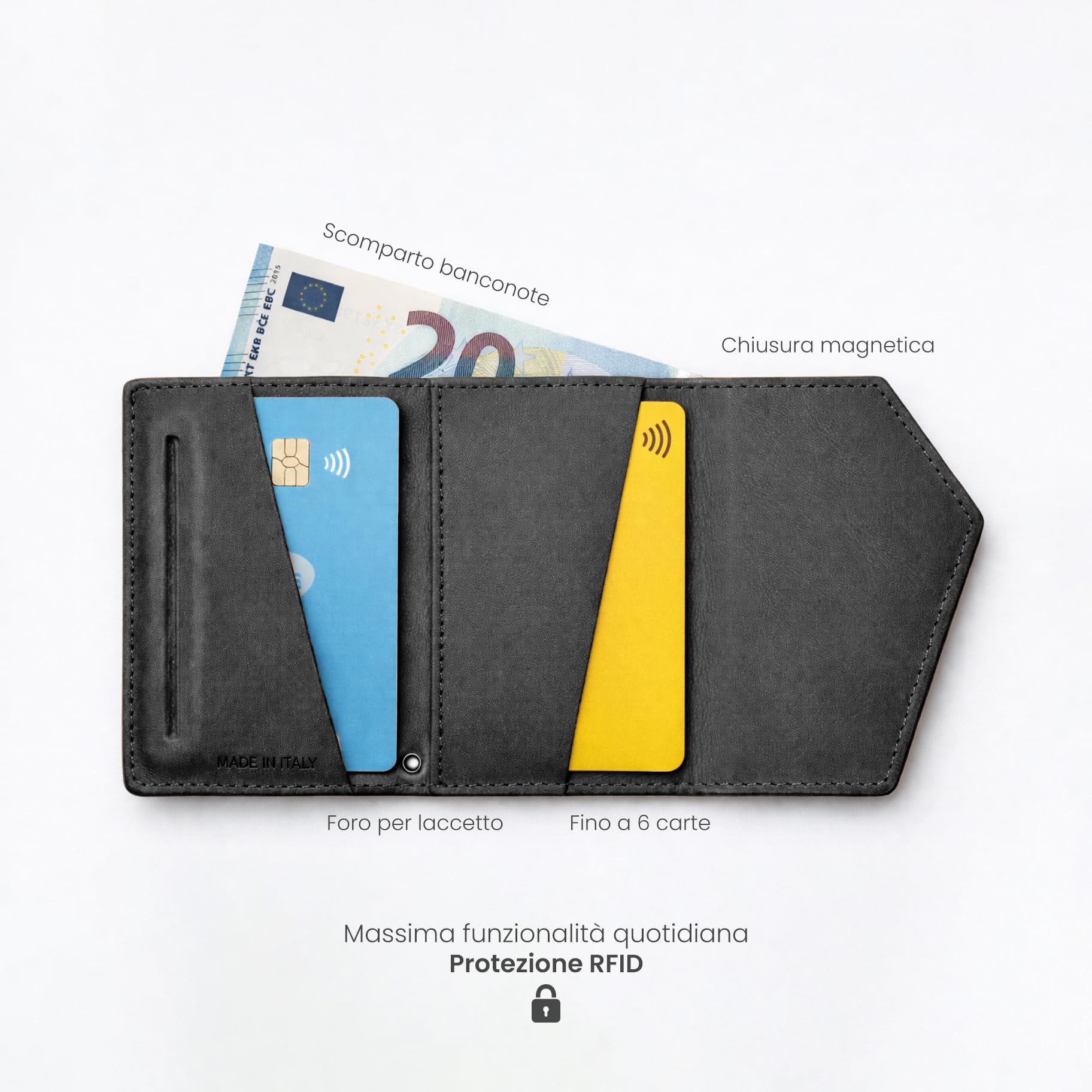 Etres Portafoglio Magnetico in Pelle Italiana - Modello Roma - Fino a 6 Carte + Tasca Banconote - Compatibilità MagSafe, Protezione RFID, Anello Magnetico Incluso (CLASSICO, NERO)