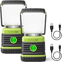Consciot Rechargeable LED Camping Lanterns 1000LM, 4 Modes, 4400mAh Power Bank, IPX4 Waterproof Dimmable Tent Lights, 2 Pack for Emergencies