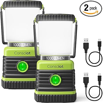 LED Camping Lantern Rechargeable, Consciot Camping Lights, 1000LM, 4 Light Modes, 4400mAh Power Bank, IPX4 Waterproof, Dimmable Tent Lights for Emergency, Power Outages, USB C Cable Included, 2 Pack