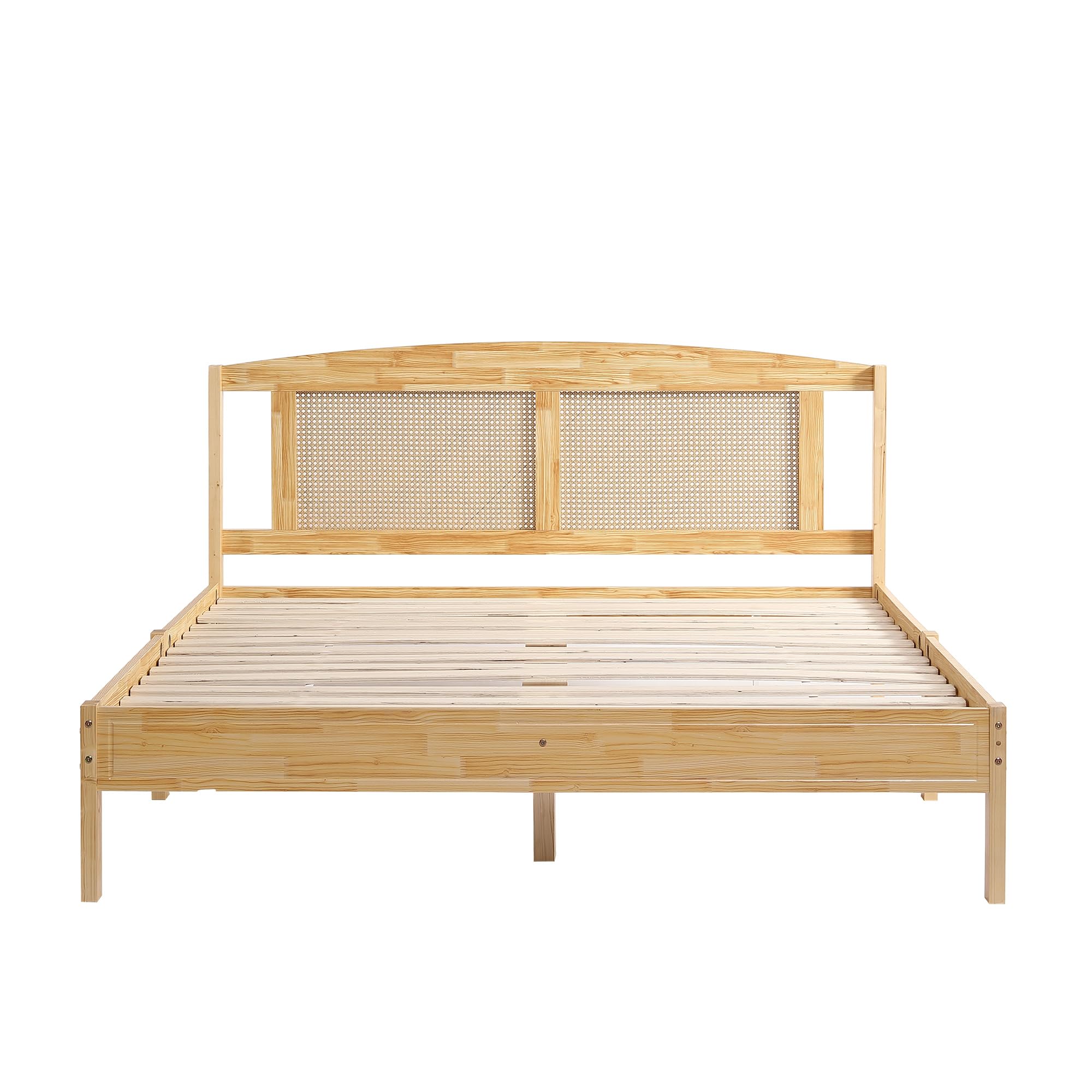 SUKY Letto matrimoniale in rattan, 160 x 200 cm, letto per ragazzi per adulti, cuscino in rattan, con 15 doghe e piedi centrali, pino + rattan sintetico, naturale