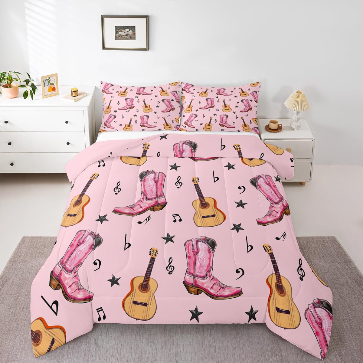 Funda de edredón de vaquera rosa Homewish con diseño de botas y guitarra