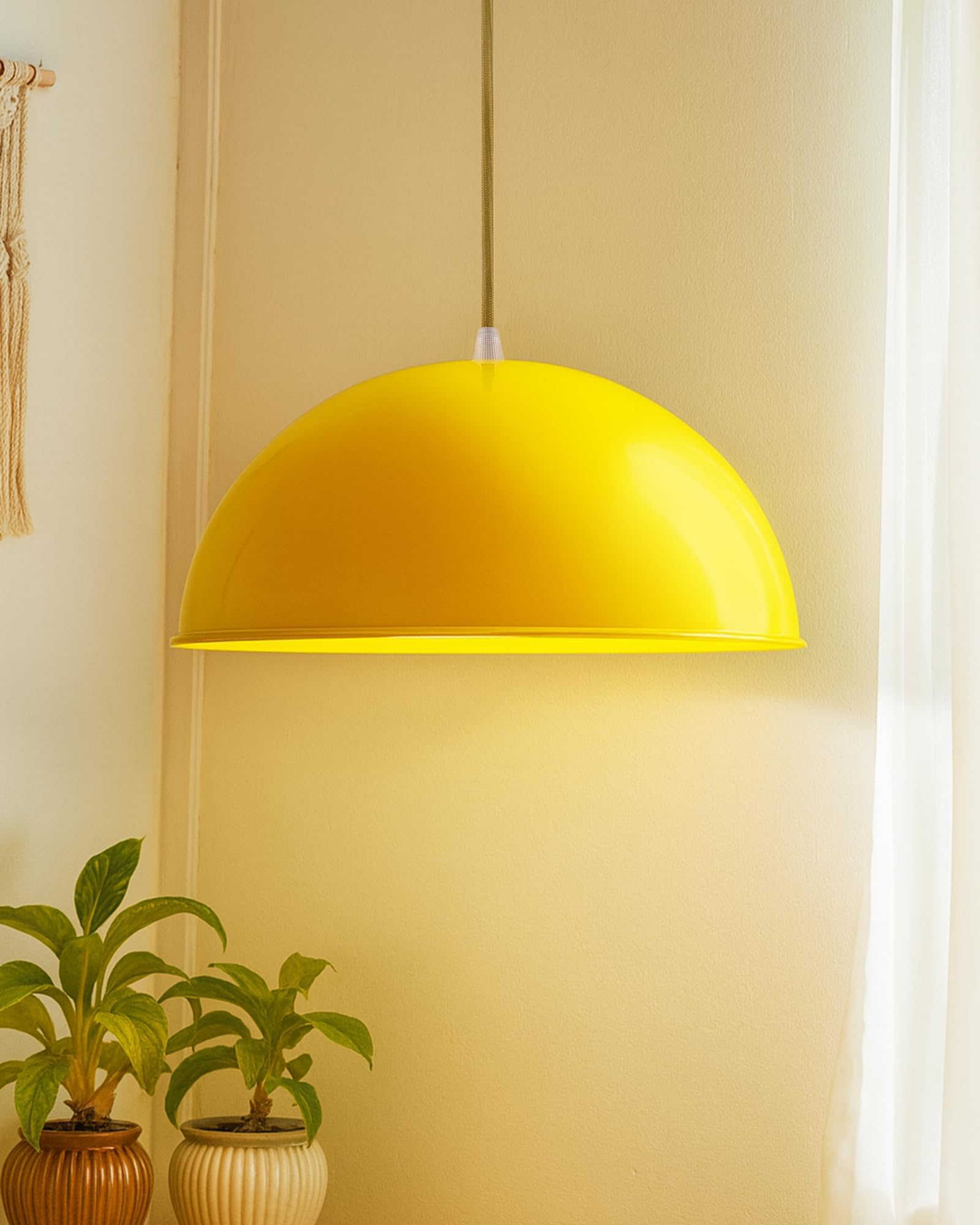 Yellow Dome Pendant Light 10'' for Ceiling | Metal Hanging Lamp with Bulb | E27 Holder | Bulb Included | Modern Ceiling Light for Kitchen, Dining, Living Room, Cafe & Home Décor