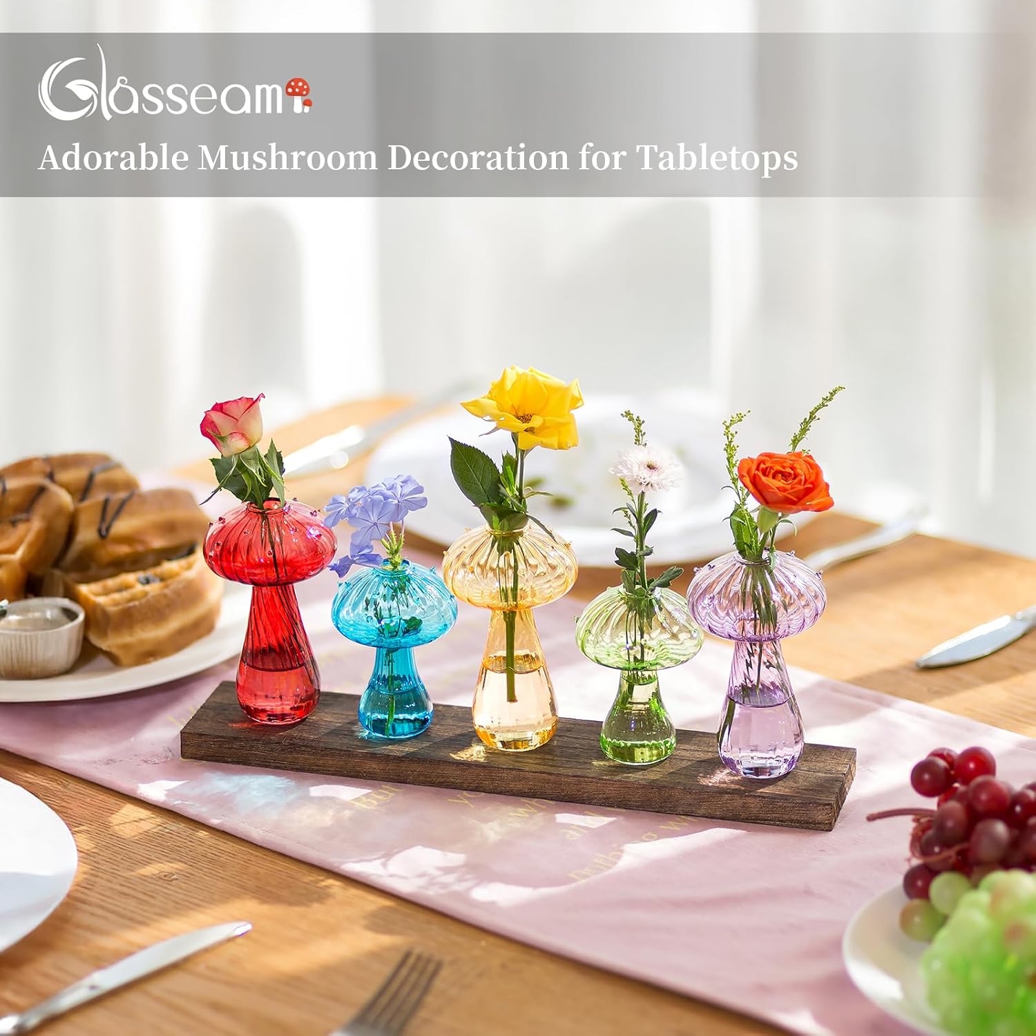 Glasseam Mushroom Plant Propagation Station: Cute Glass Terrarium Jar with Wooden Stand Unqiue Planters for Indoor Plants Hydroponic Glass Bud Flower Vase for Home Office Decor for Women