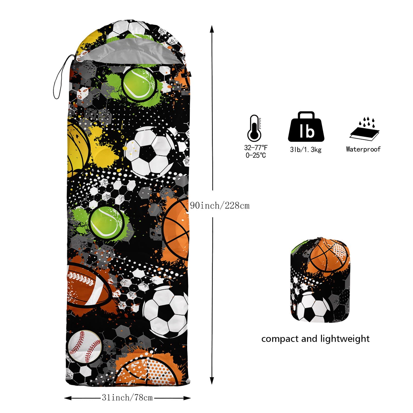HOSIMA Saco de dormir con balón de fútbol para clima frío para adultos, niñas y niños, impermeable, para hombre, cálido, camping, senderismo, al aire libre, viajes, caza, saco de compresión