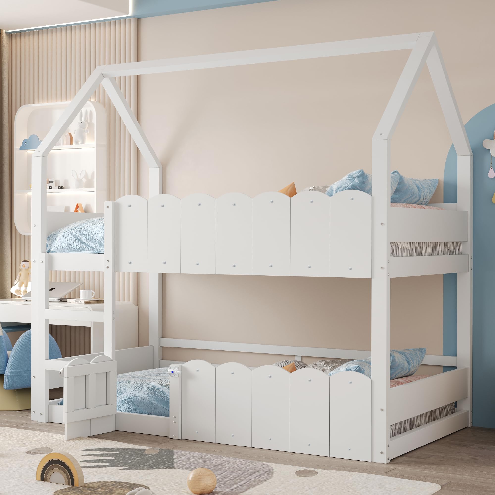 Etagenbett 90x200 cm, Kinderbett mit Fenster | Ohne Matratze, Stockbett mit Sicherheitsgeländern, Holzbett mit Hausförm, Bett für Kinder Mädchen Weiß